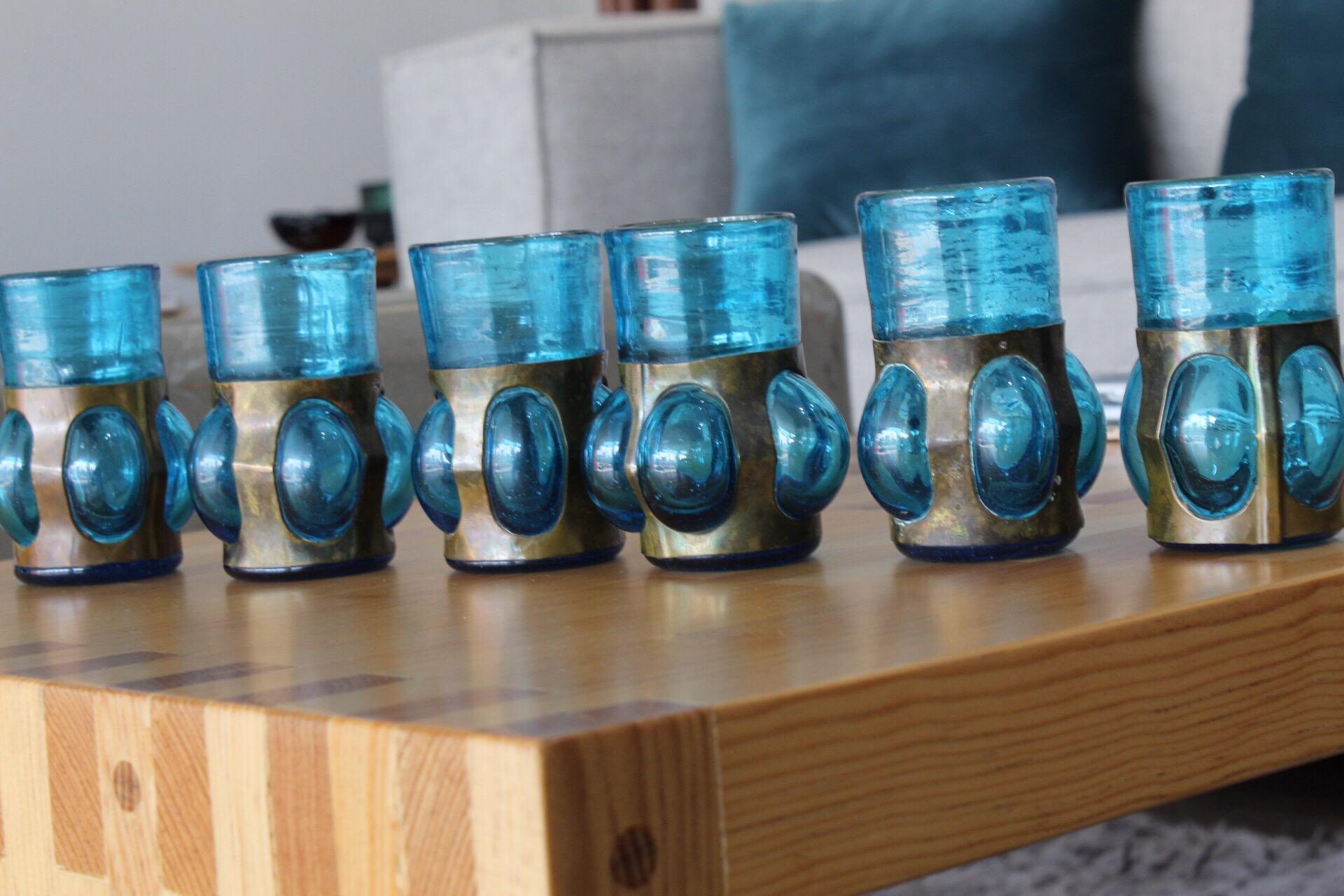 Designed by Felipe Derflingher for Feder's, set of 6 shot glasses in cobalt color made of blown glass
