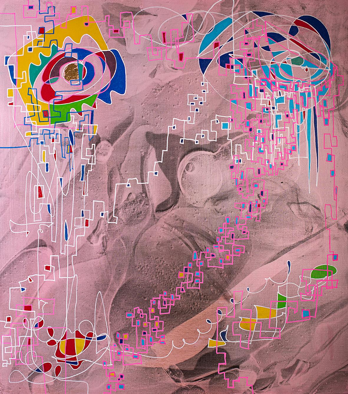 Instruktionen, wie man in drei Augenblicken verschwinden kann (Rosa), Neurowissenschaften triptychon – Painting von Felipe Fredes