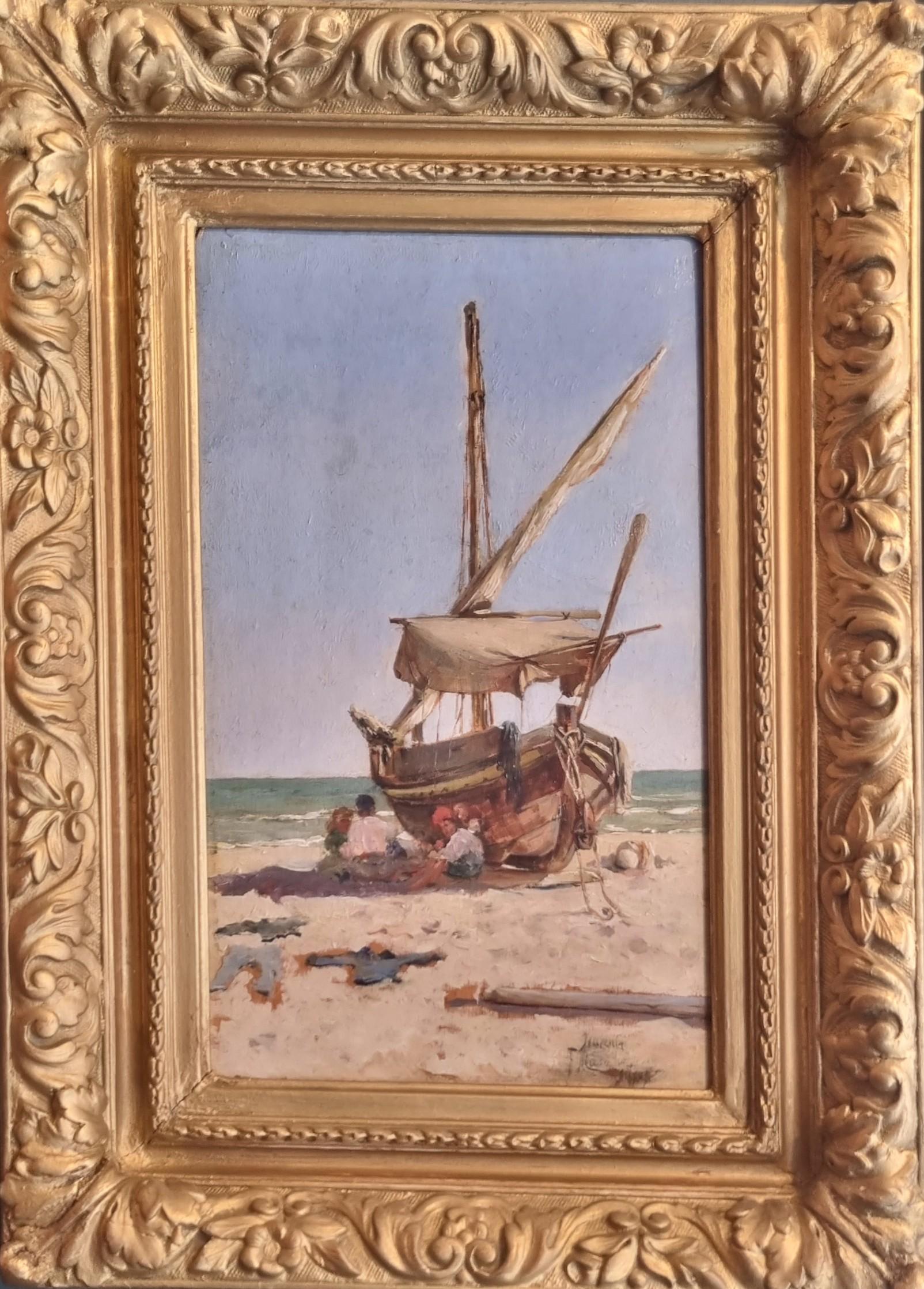MASO DE FALP SITGES Strandboot spanisches luministisches Meeresgemälde, 19. Jahrhundert – Painting von Felipe MASO de FALP
