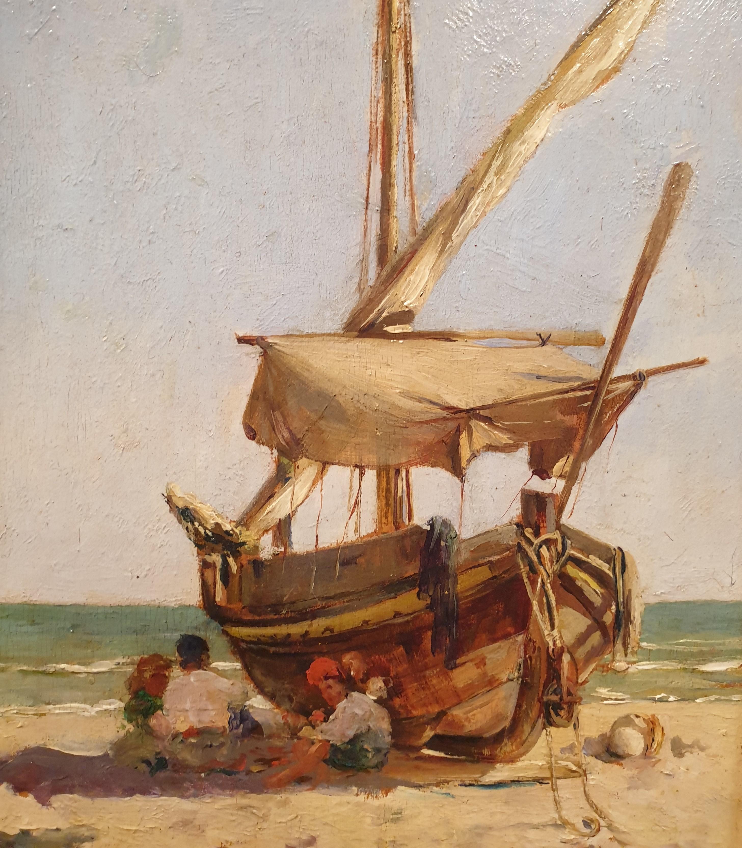 MASO DE FALP SITGES Strandboot spanisches luministisches Meeresgemälde, 19. Jahrhundert (Impressionismus), Painting, von Felipe MASO de FALP
