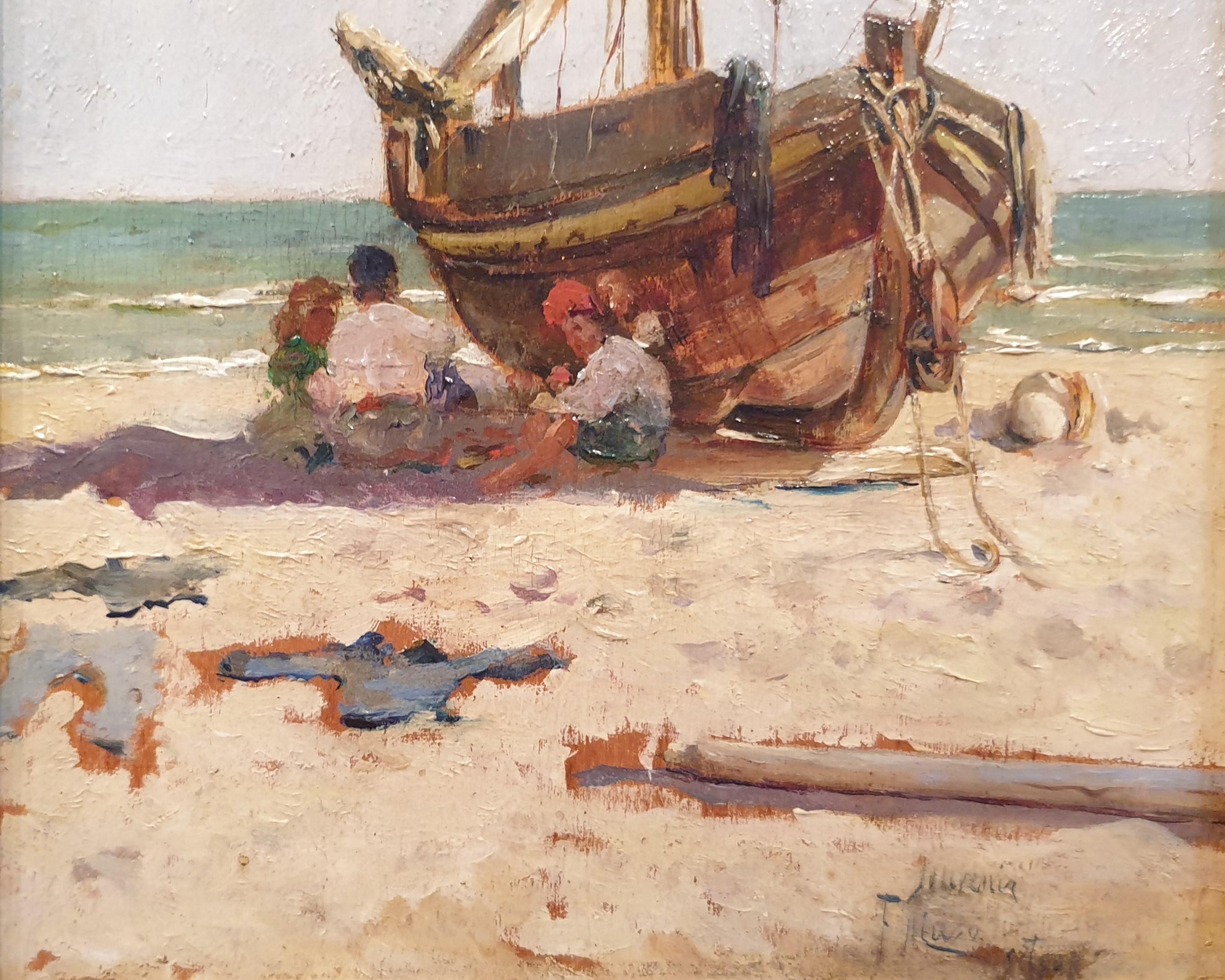 MASO DE FALP SITGES Strandboot spanisches luministisches Meeresgemälde, 19. Jahrhundert (Braun), Landscape Painting, von Felipe MASO de FALP