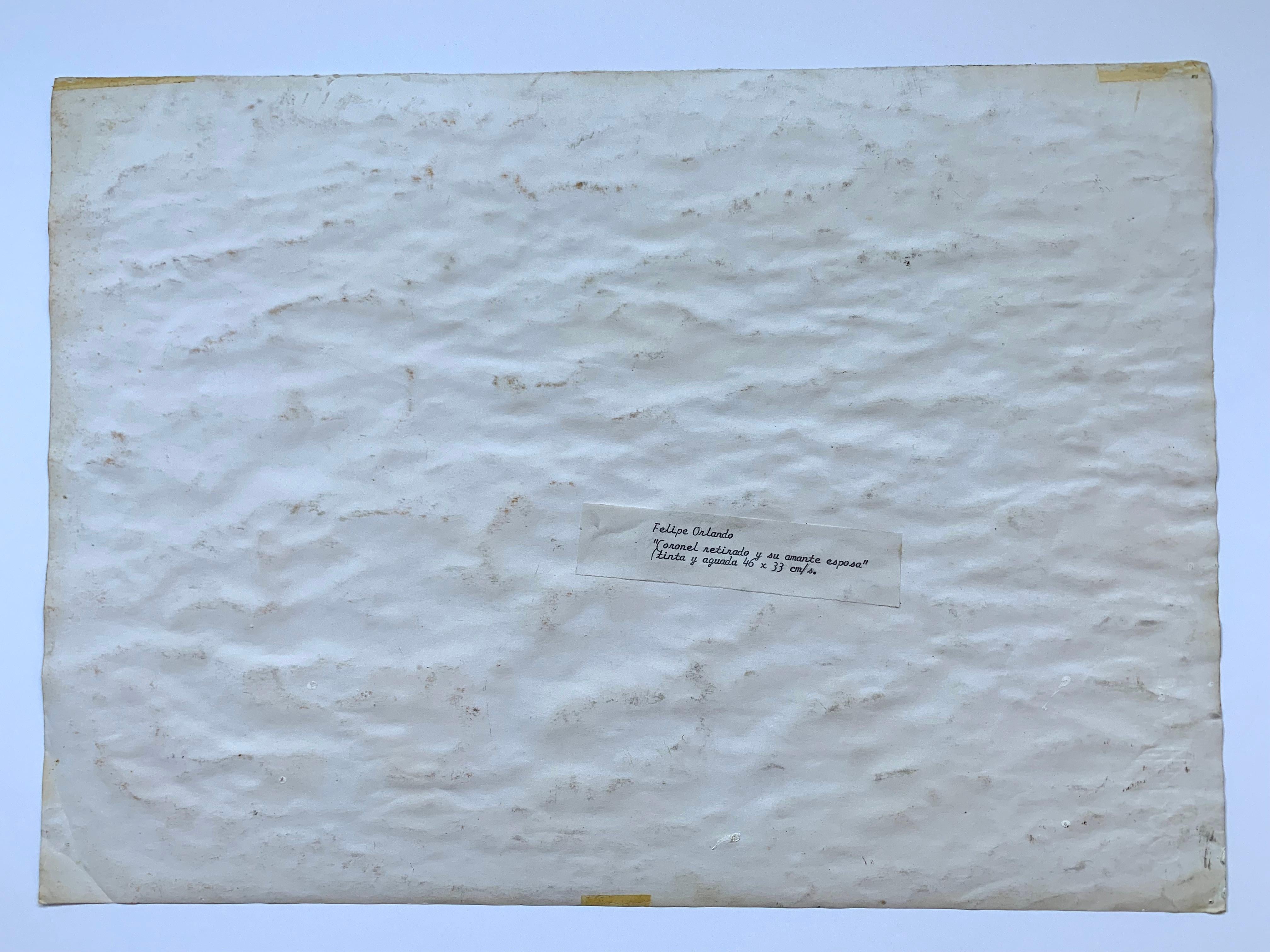 Felipe Orlando (cubano-messicano, 1911-2001). Coronel Retirado y su Amante Esposa, 1970 circa. Inchiostro e gouache su carta con strati di fondo pesantemente costruiti.  Misura 13 1/4 x 18 3/8 pollici. Firmato in basso a sinistra. Etichetta