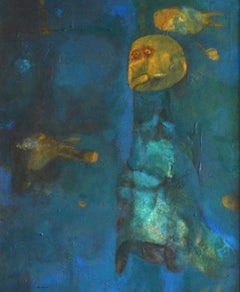 Vintage Surrealist Underwater Scene with Fish (blue)