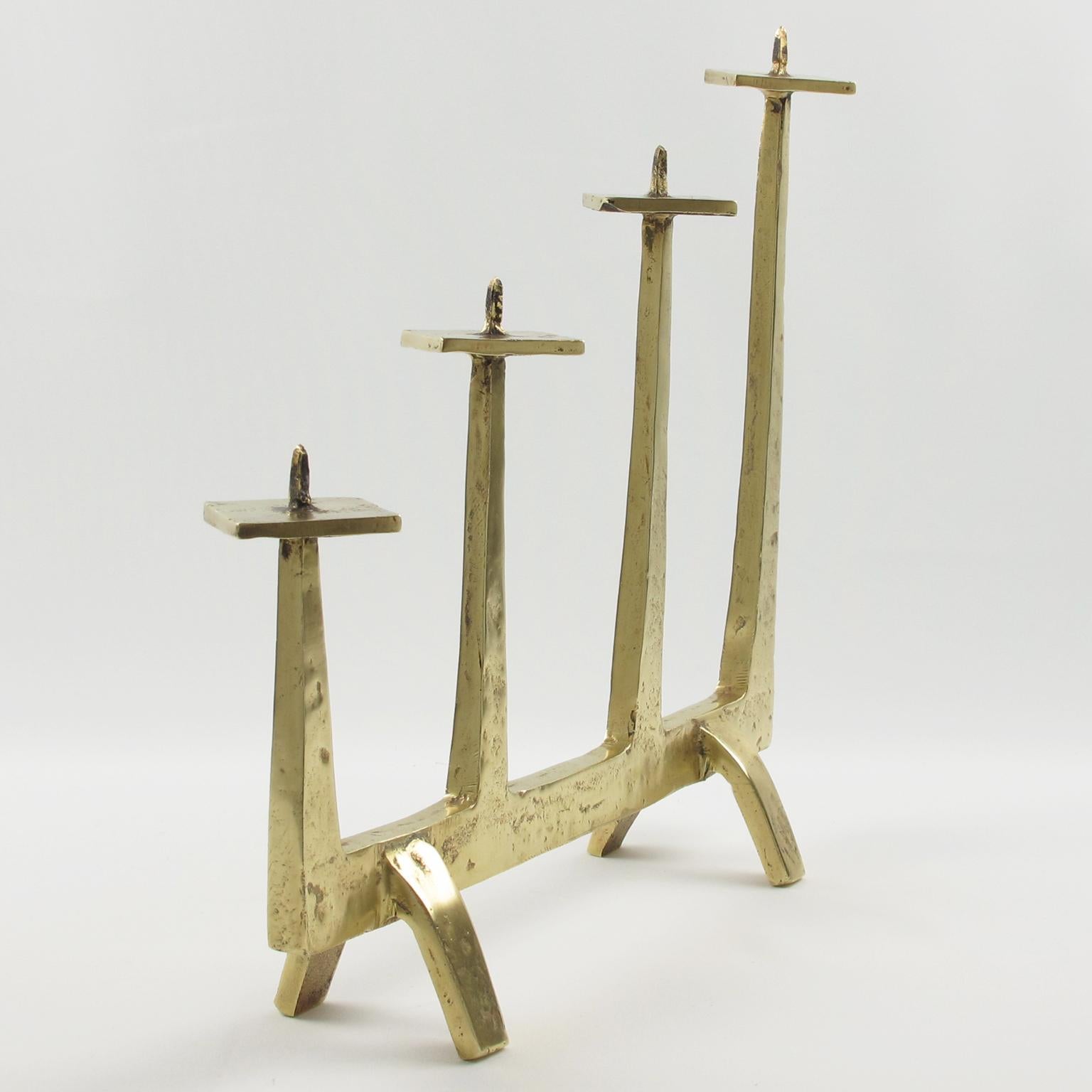 Hammered Felix Agostini Modernist Gilt Bronze Candelabra, Candle-holder Candlestick For Sale