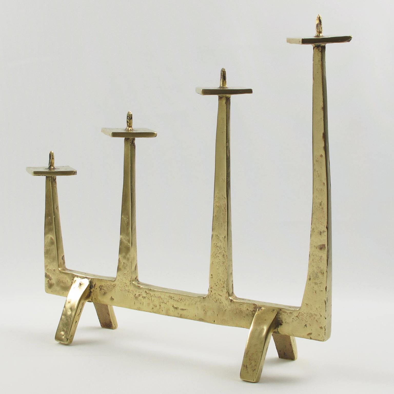 Mid-20th Century Felix Agostini Modernist Gilt Bronze Candelabra, Candle-holder Candlestick For Sale