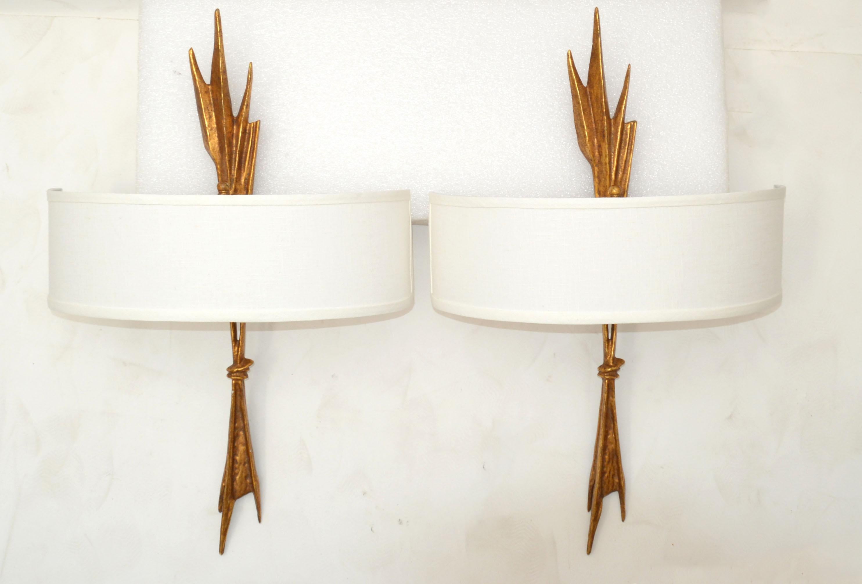 Art Deco Félix Agostini Style Bronze Sconces Wall Light Amour Ardent Ivory Shade, Pair