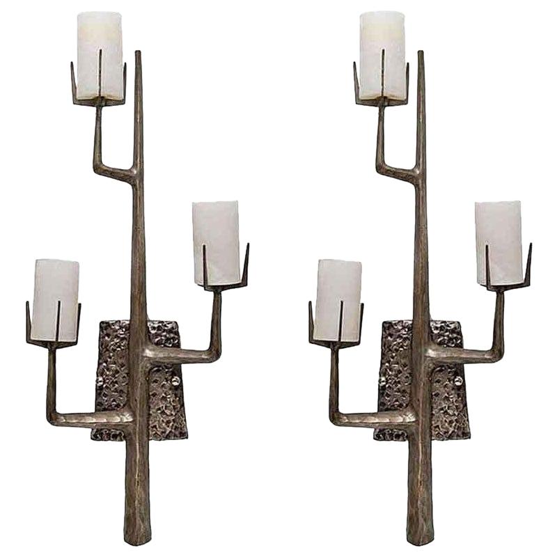 Felix Agostini Style Organic Modernist Wall Sconces in Silver, Pair