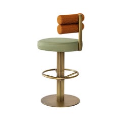 Felix Bar Stool with Brass Base and Sage Green Leather, Modern Design