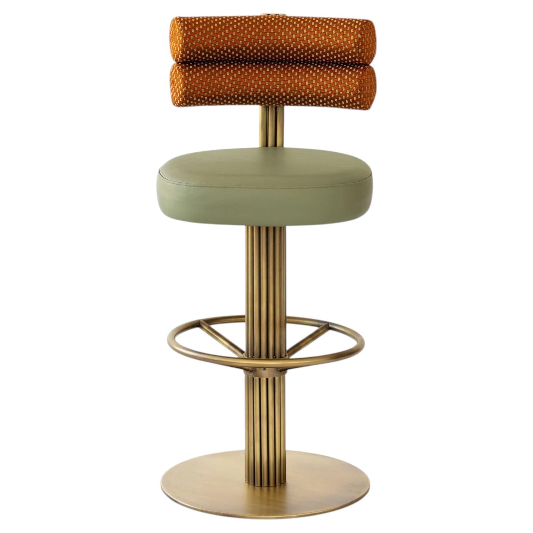 Felix Bar Stool with Brass Base and Sage Green Leather, Modern Design