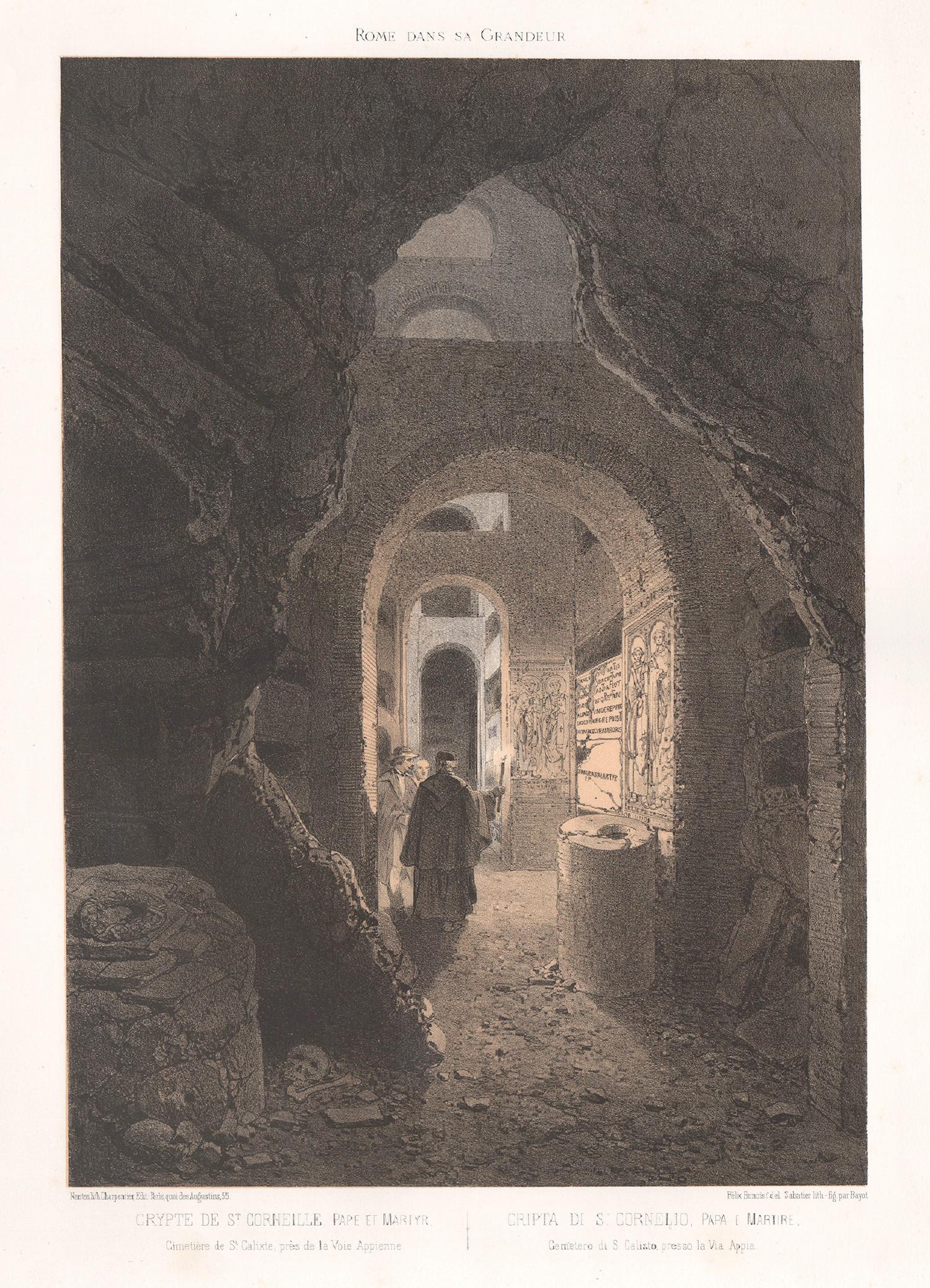 Cripta di S Cornelio, Roma Italia. Litografia colorata, Felix Benoist