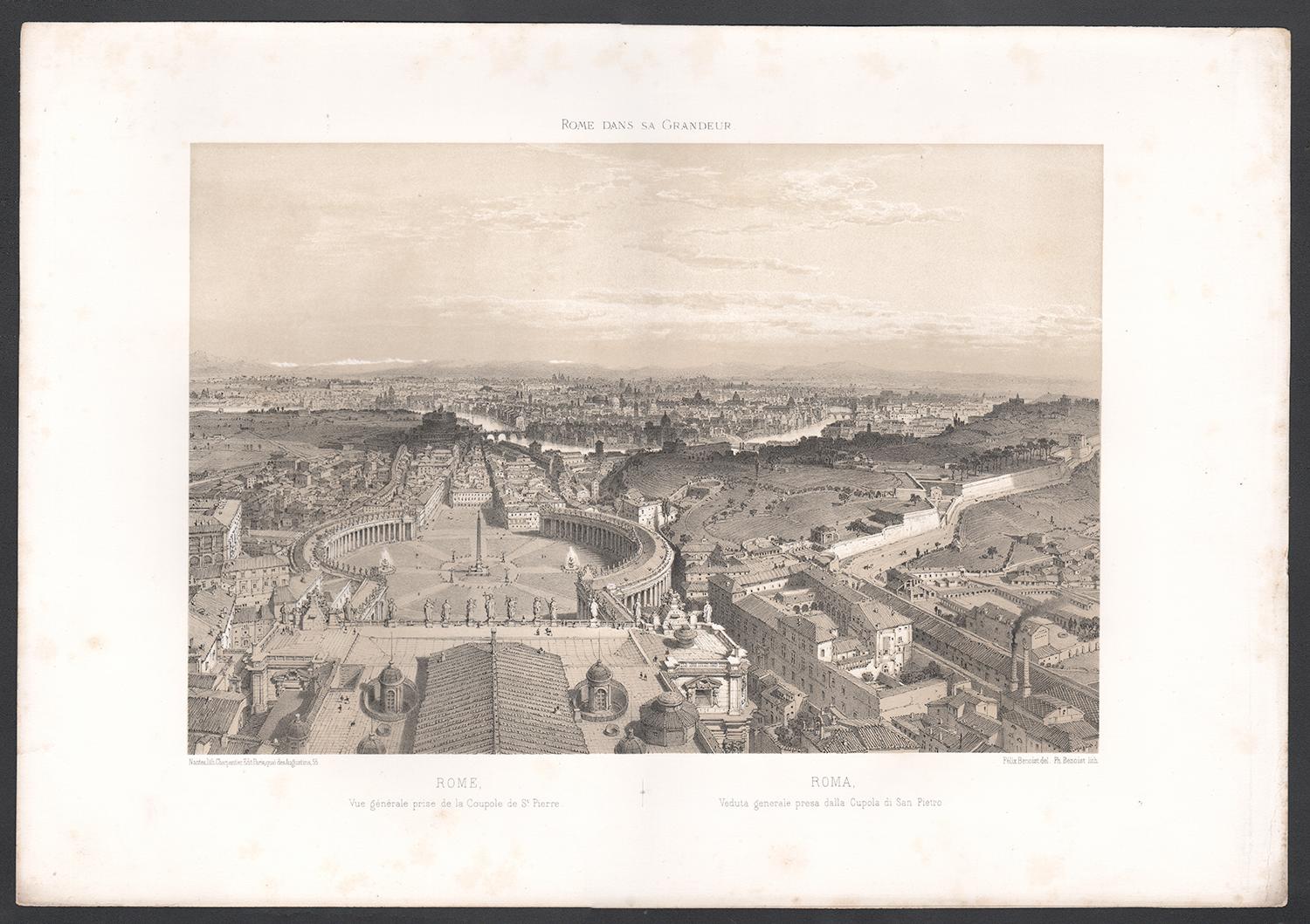 Rome, General View from the Cupola of St Peter's, Italy. Tinted lithograph - Print by Felix Benoist