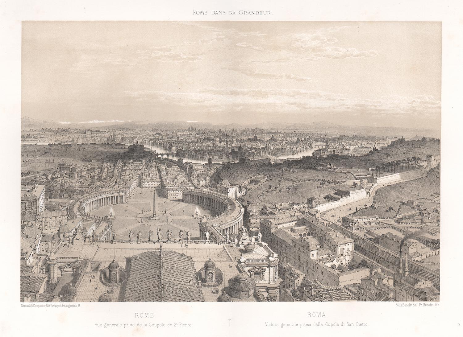 Felix Benoist Landscape Print - Rome, General View from the Cupola of St Peter's, Italy. Tinted lithograph