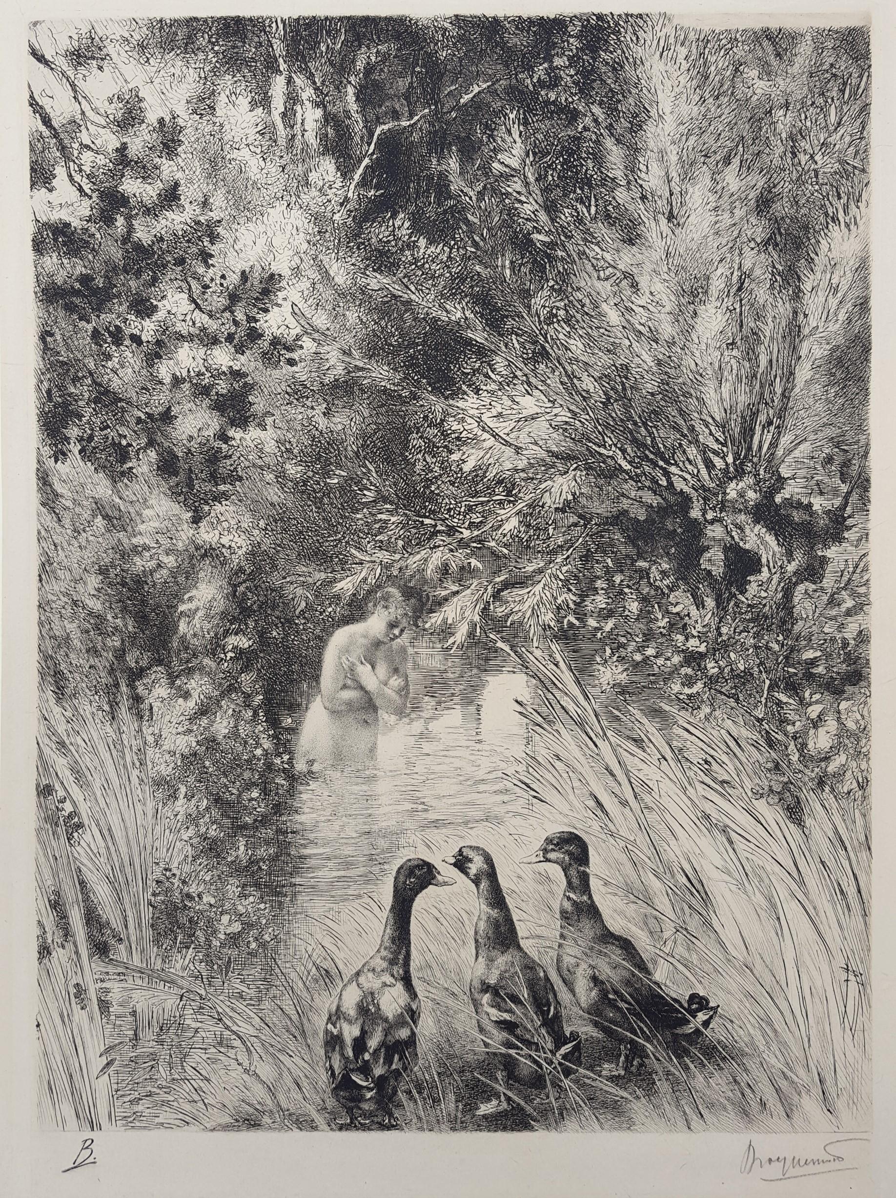 Canards Surpris (Surprised Ducks) /// Antique Impressionist Nude Animal Forest - Print by Félix Bracquemond