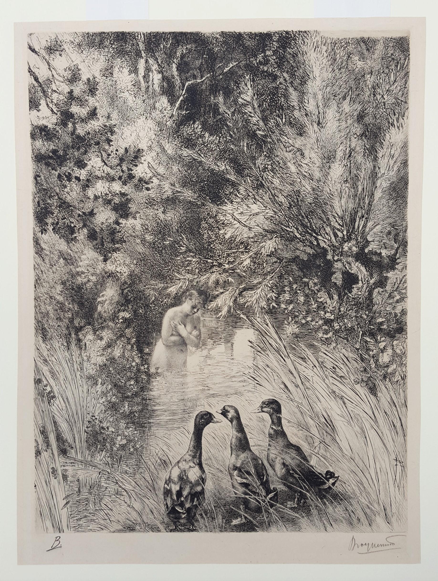 Canards Surpris (Surprised Ducks) /// Antique Impressionist Nude Animal Forest - Gray Nude Print by Félix Bracquemond