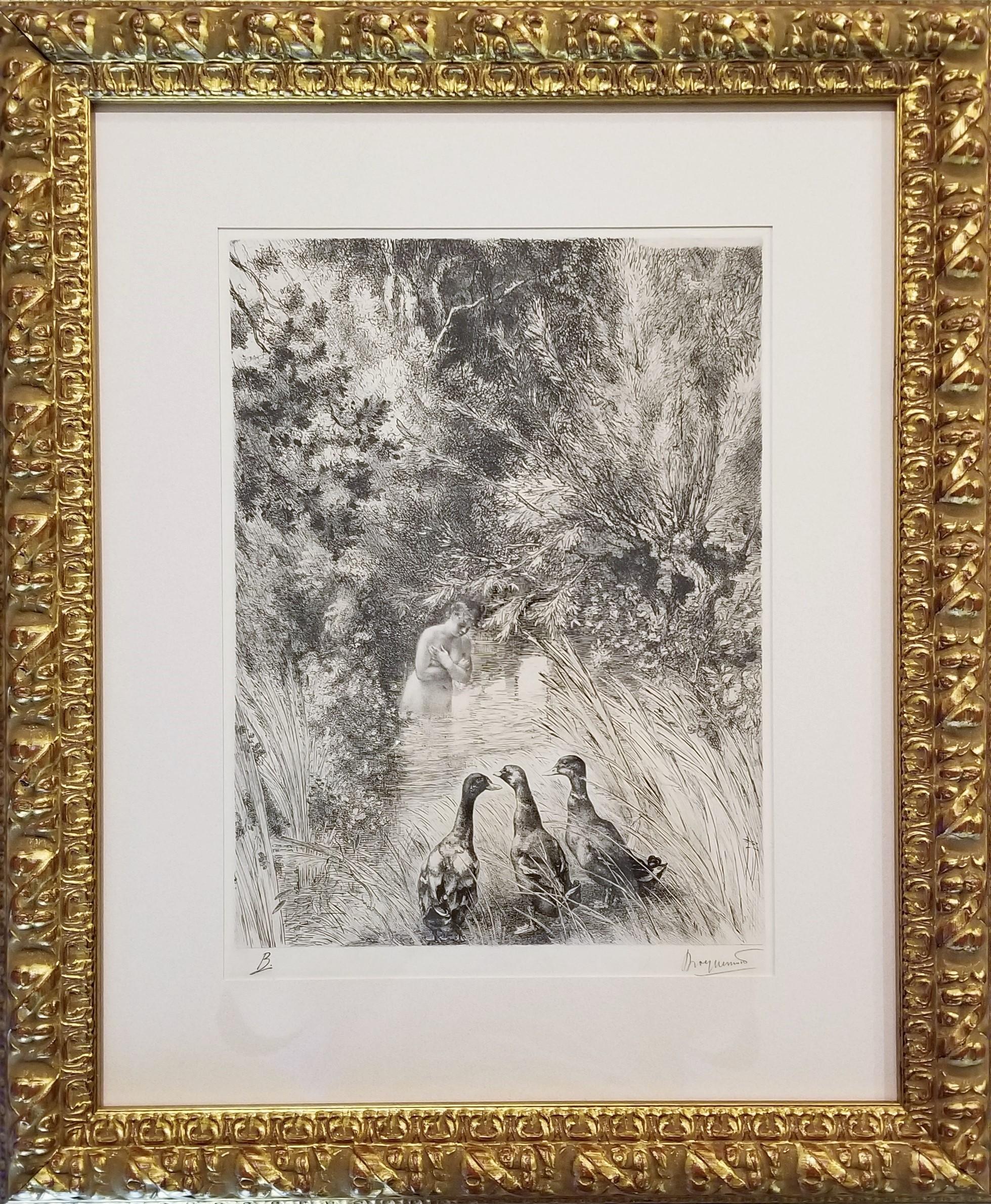 Canards Surpris ( Surprised Ducks) /// Antiker impressionistischer nackter Tierwald (Grau), Nude Print, von Félix Bracquemond