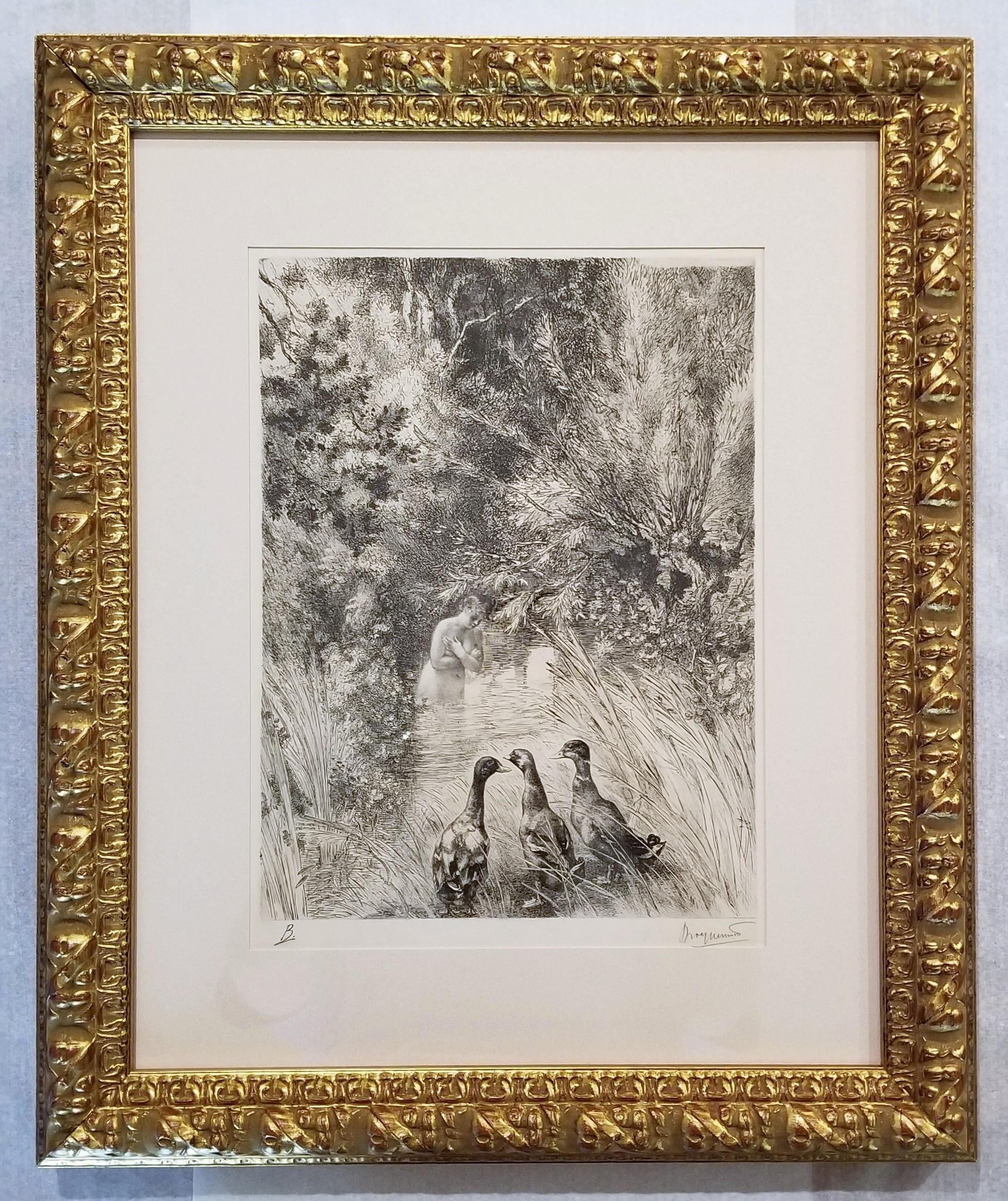 Canards Surpris (Surprised Ducks) /// Antique Impressionist Nude Animal Forest For Sale 1