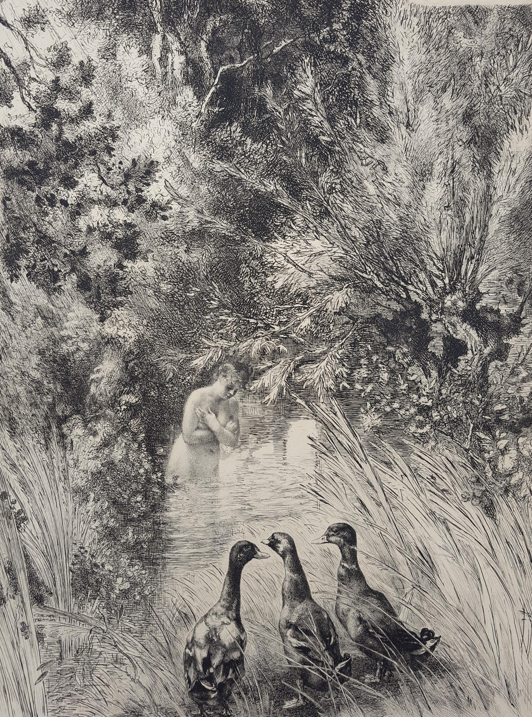 Félix Bracquemond Nude Print - Canards Surpris (Surprised Ducks) /// Antique Impressionist Nude Animal Forest