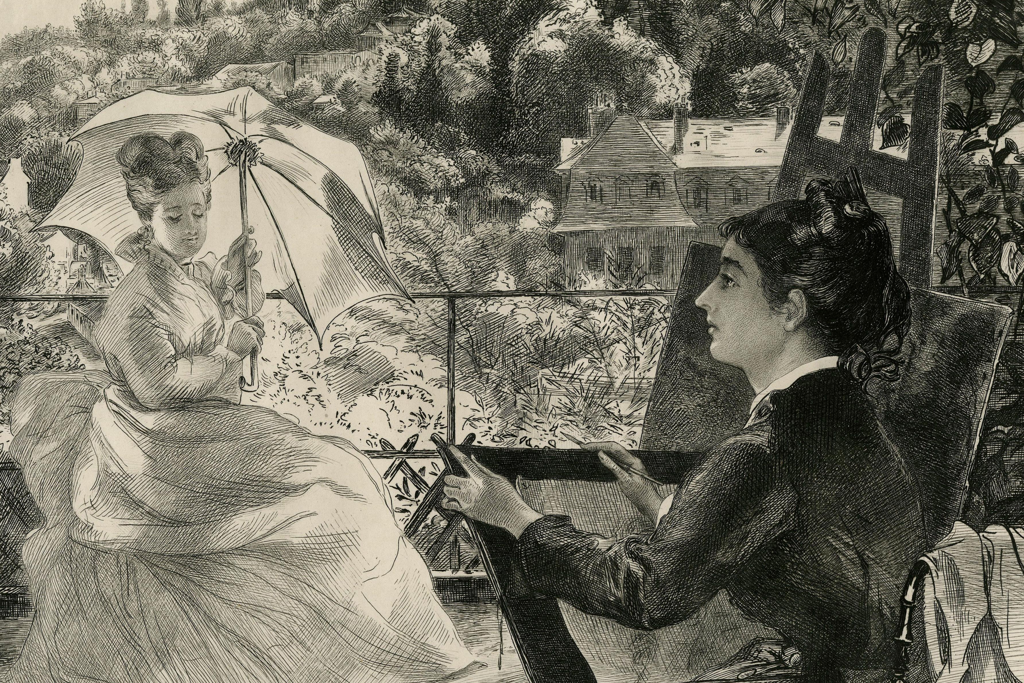 La Terrasse de la Villa Branca, Sèvres (La Terrasse de la Villa Brancas) - Gris Figurative Print par Félix Bracquemond