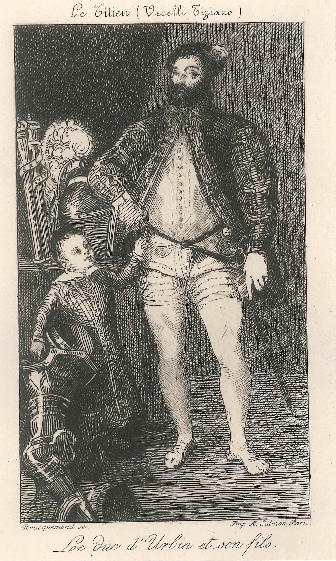 Félix Bracquemond Portrait Print - Le Duc d'Urbin - Etching on China Paper After Tiziano Vecellio