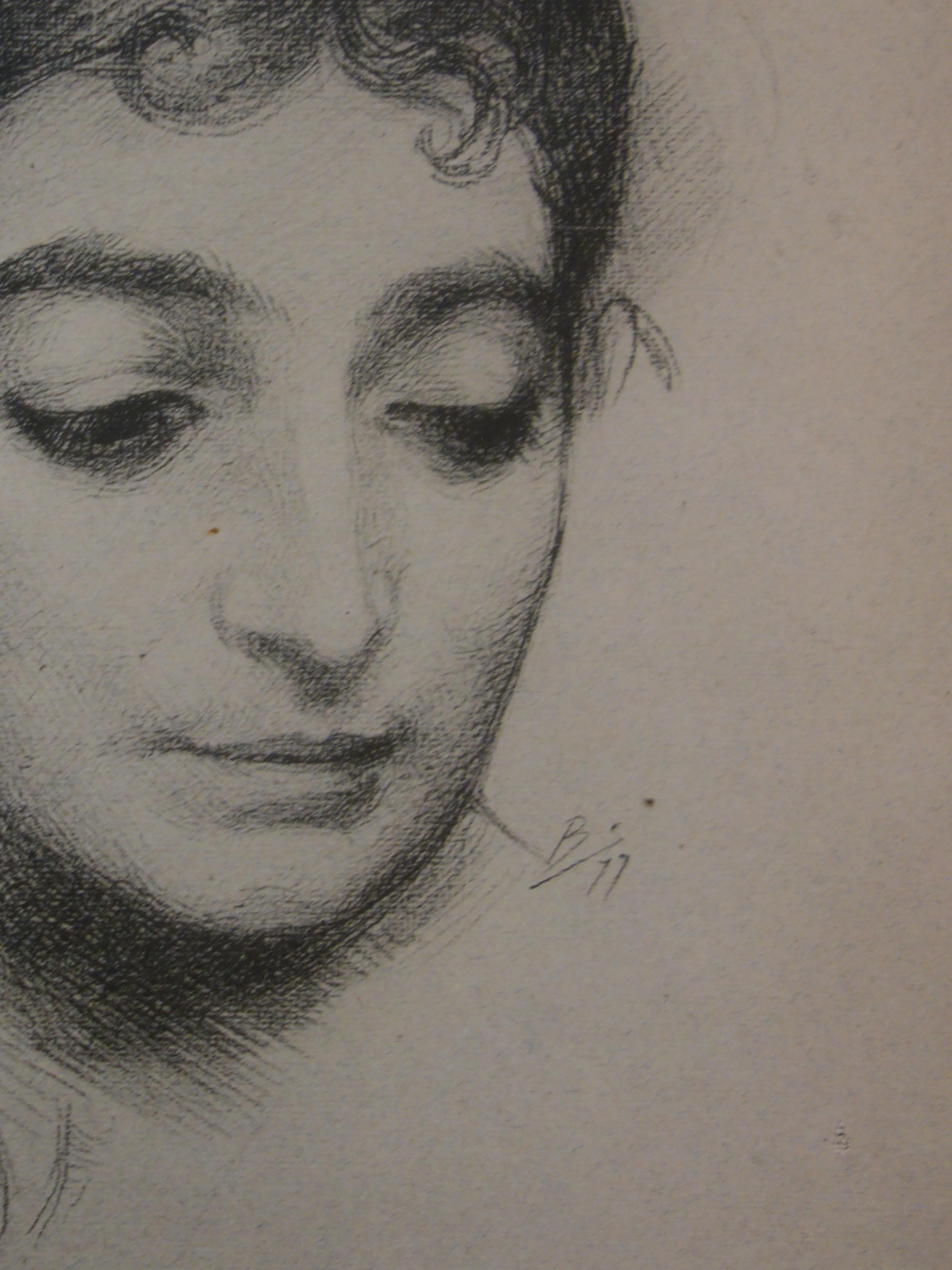 Amante, Retrato según un poema de Ronsard - Litografía original - 1899 - Figurative Print Gris de Félix Bracquemond