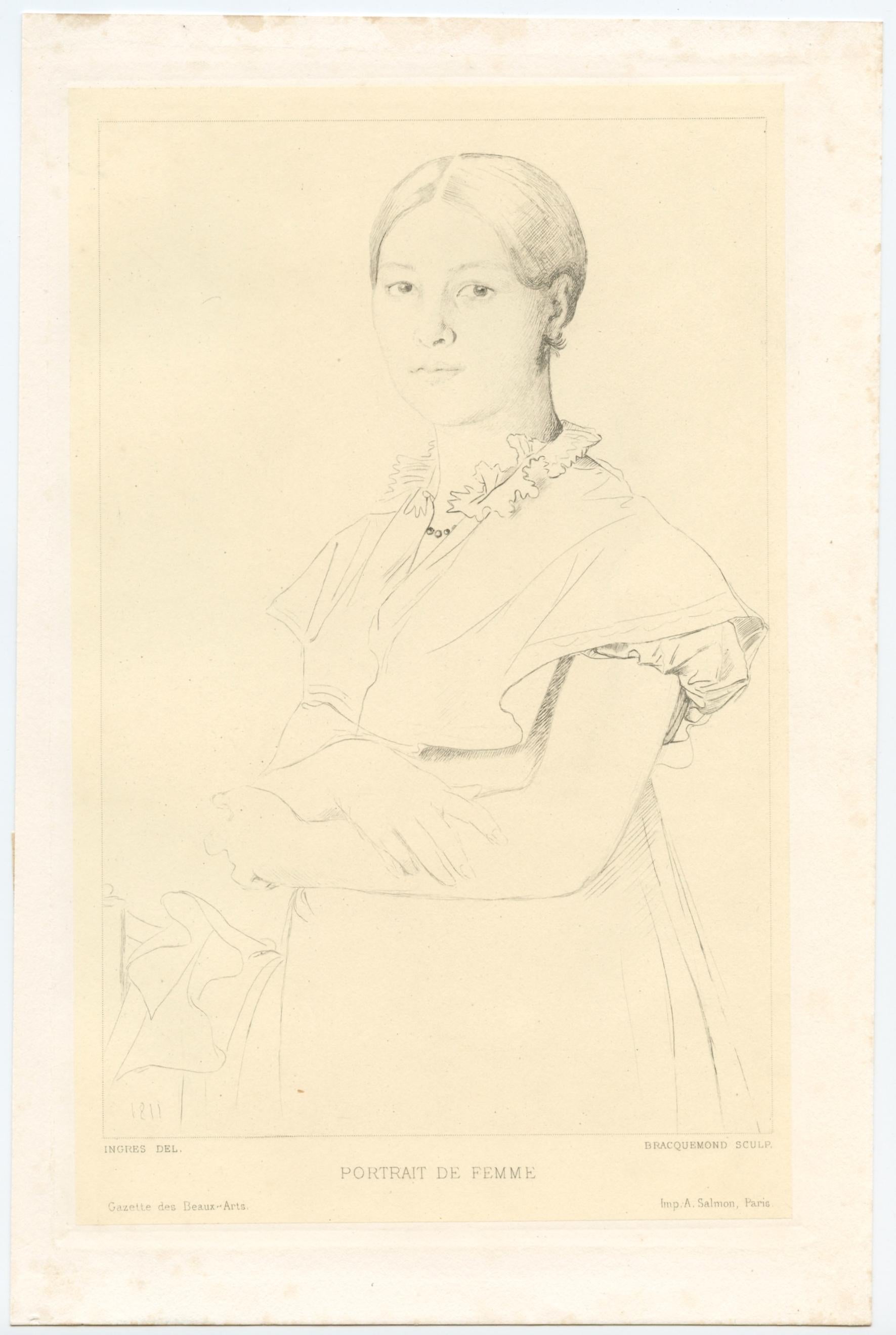 Medium: etching (etched by Felix Bracquemond after Ingres). This impression on chine-colle paper was printed in 1903 and published in Paris by the Gazette des Beaux-Arts. The image measures 4 5/8 x 7 1/4 inches (213 x 140 mm). Not