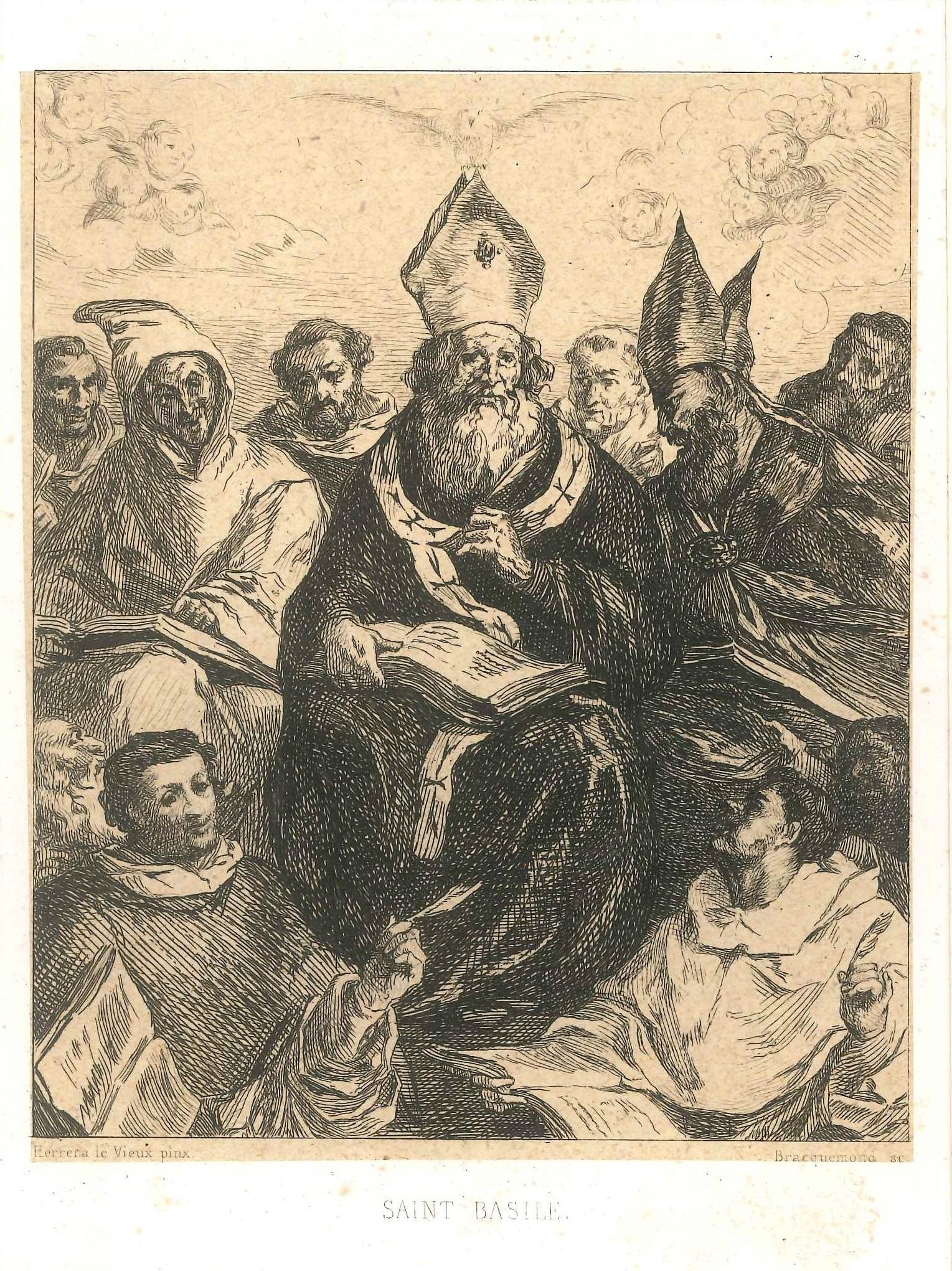 Saint Basile - Black and white Etching After F. Herrera the Old - Print by Félix Bracquemond