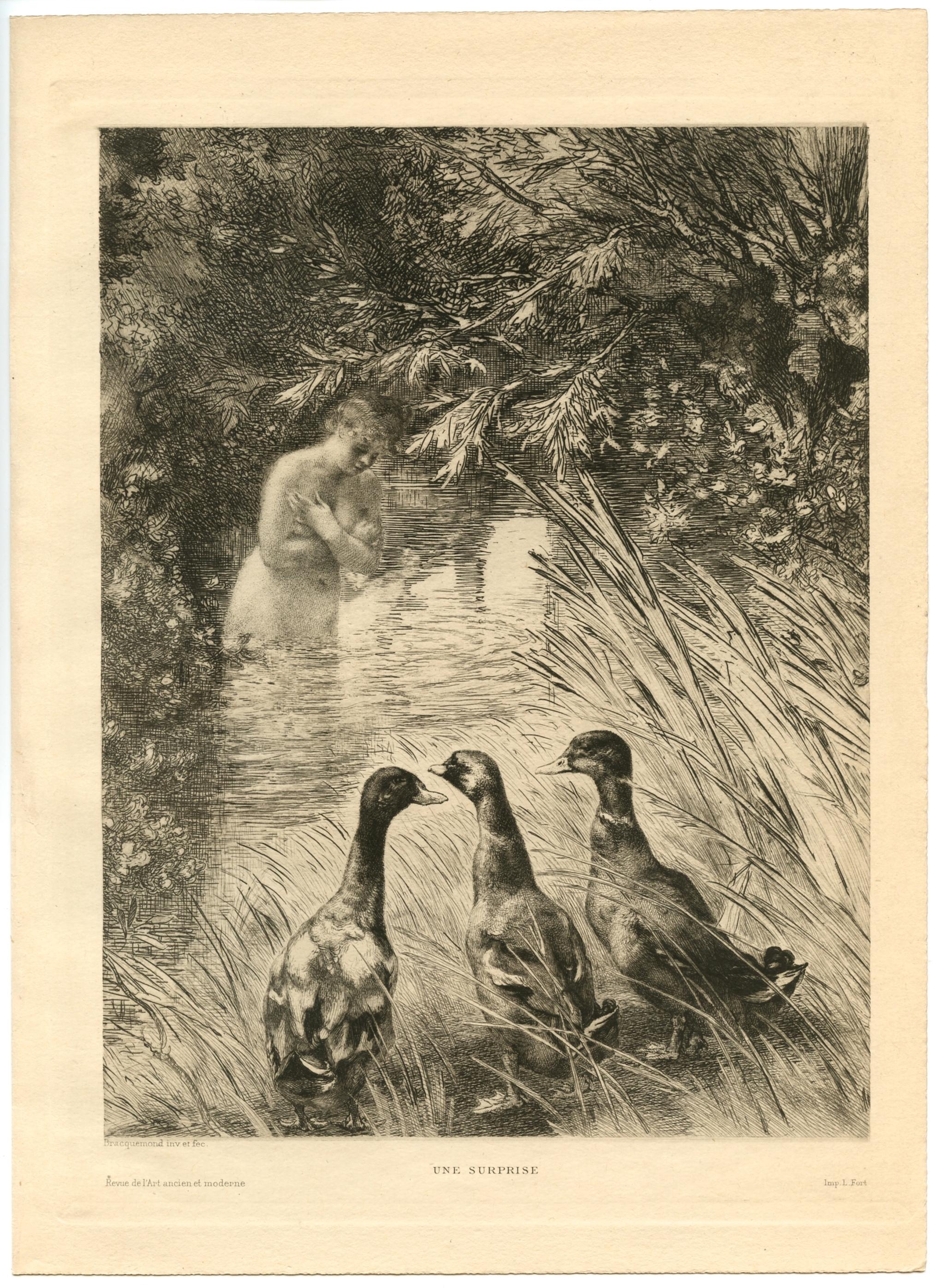 "Une Surprise" original etching - Print by Félix Bracquemond