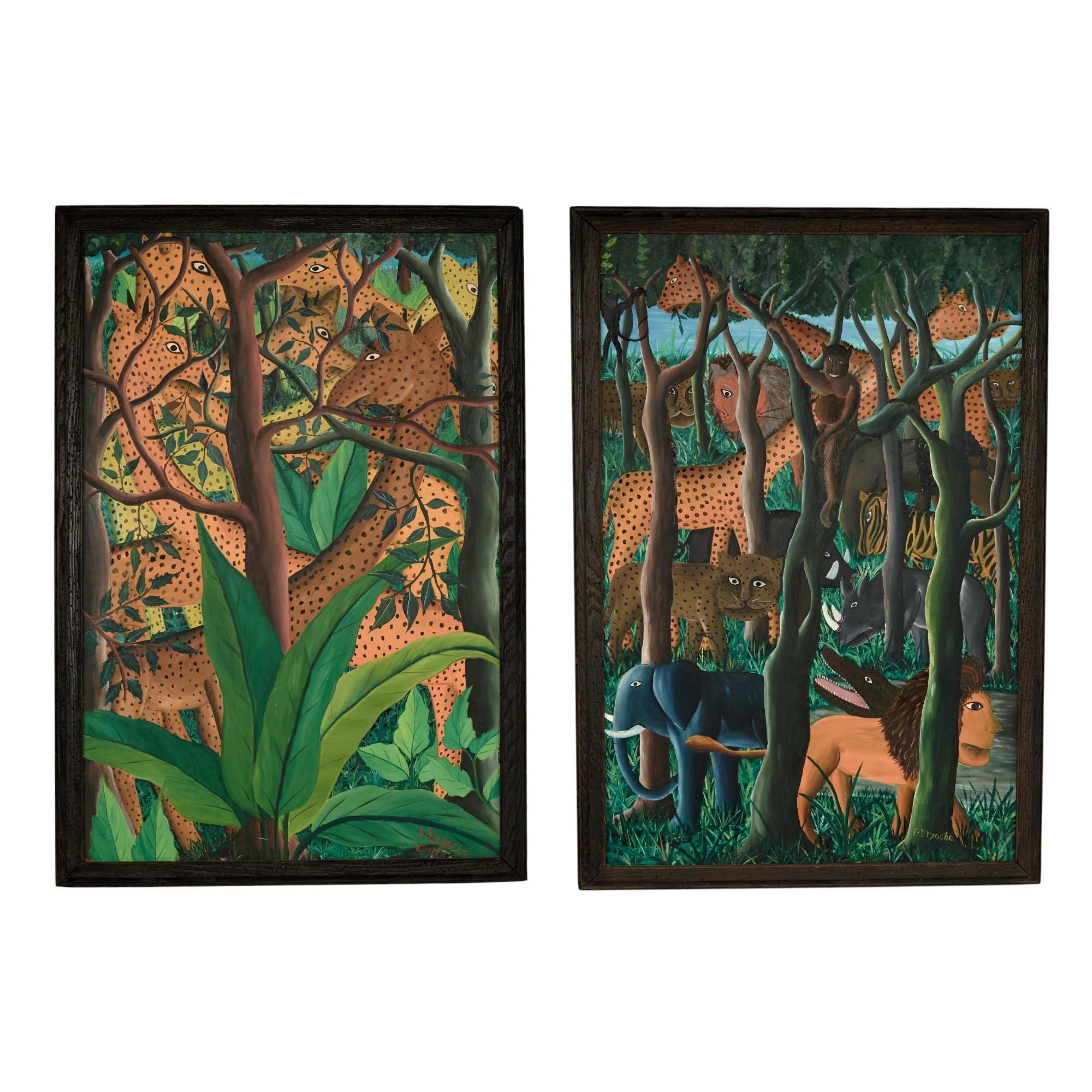 Bezaubernde Vintage-Acrylbilder auf Tafeln von zwei Dschungelszenen mit afrikanischen Tieren und Bäumen in einer exzentrischen Komposition, ausgeführt in einem unverwechselbaren naiven Stil mit einer üppigen, kräftigen Palette. Unten rechts signiert