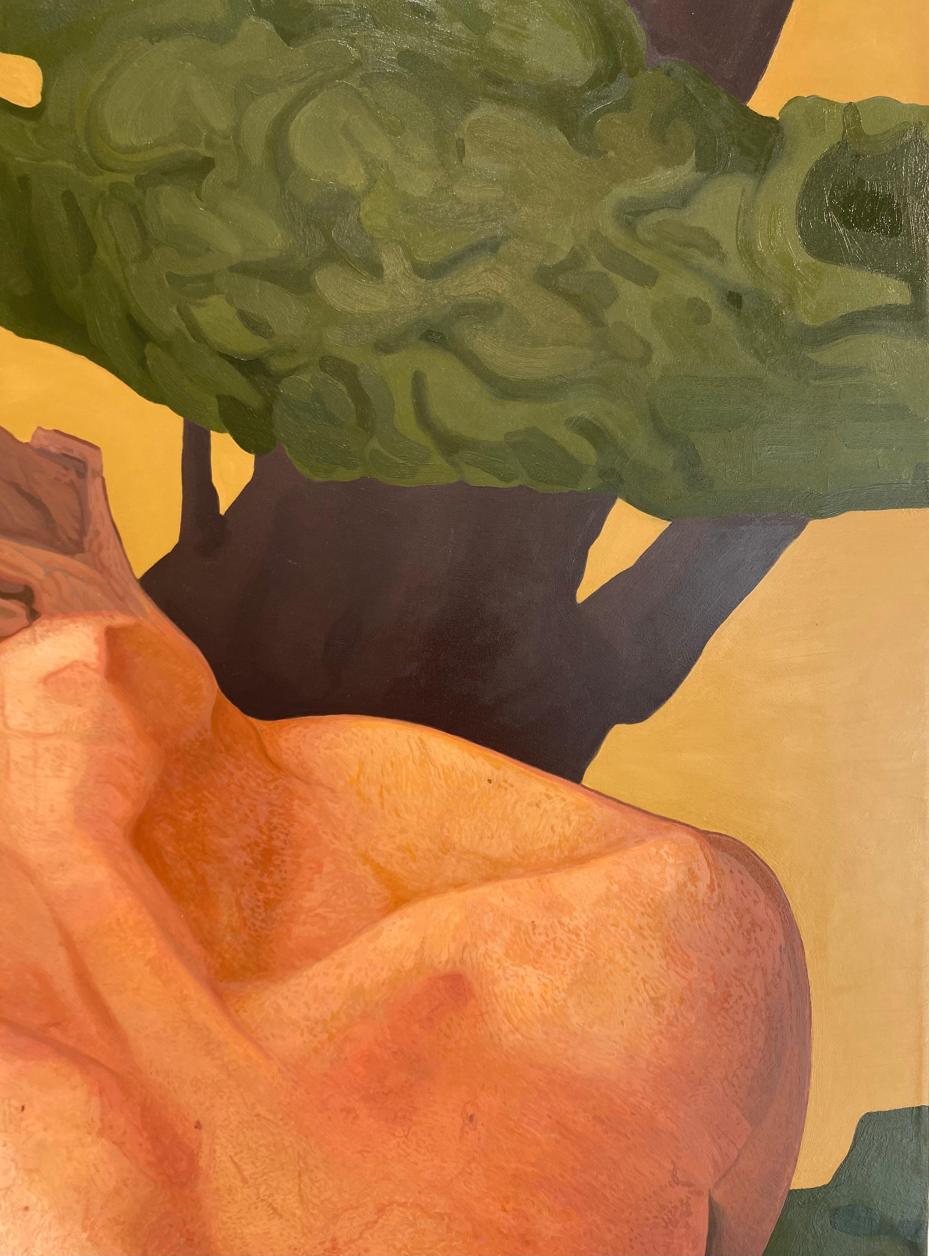 Felix Campean's artwork presents a scene of a human body emerging with astonishing anatomical precision, capturing every detail of musculature and skin with hyper-realistic fidelity. The intense colors and slightly distorted shapes create an