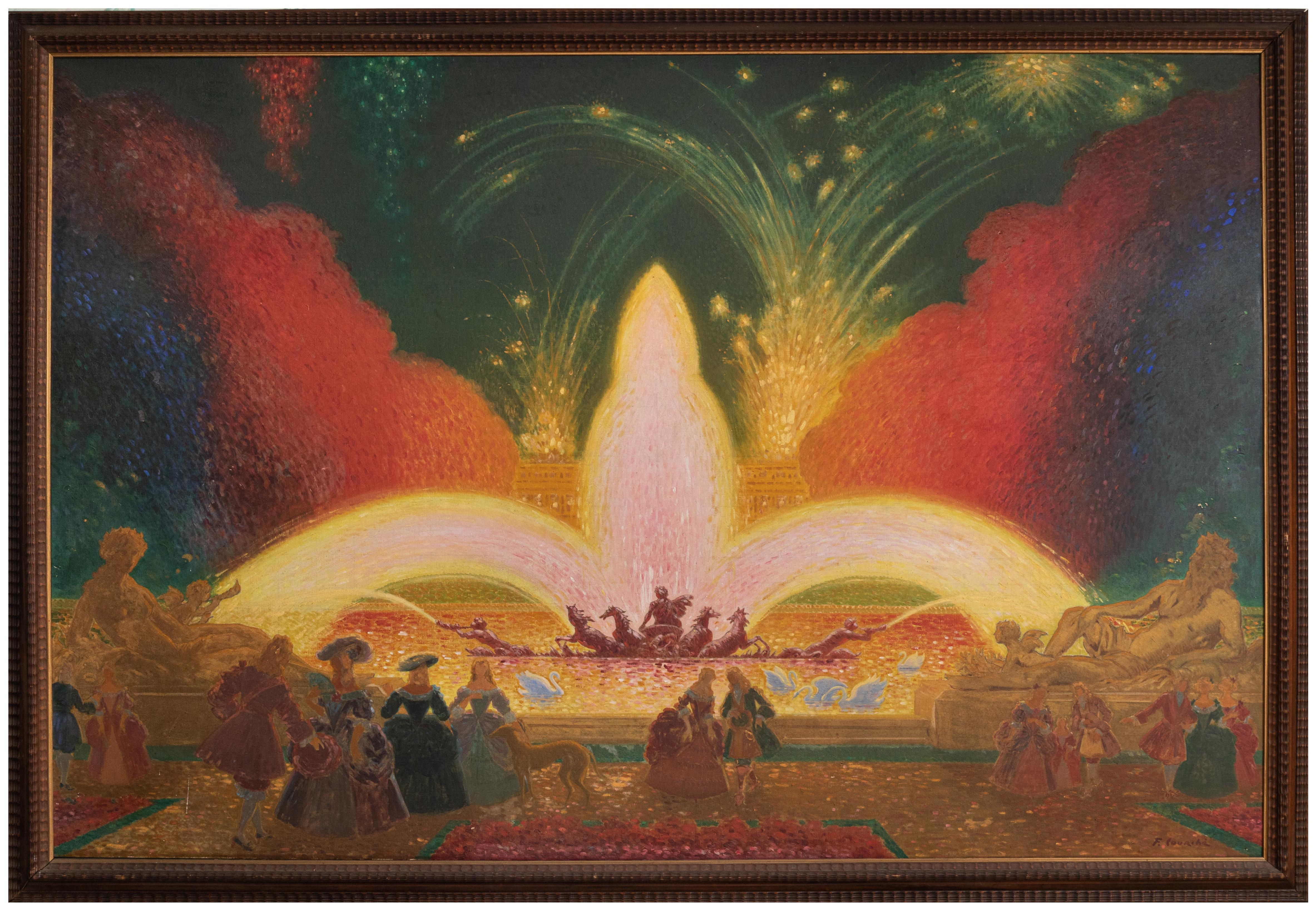 very large oil on canvas paintings by Felix Courché (1863-1944) - 160x230cm

Dated 1936 and are titled “Feux d’artifice”, representing fireworks in front of the Grandes Eaux of Versailles”.

Exhibition at the Château de Versailles - “Versailles