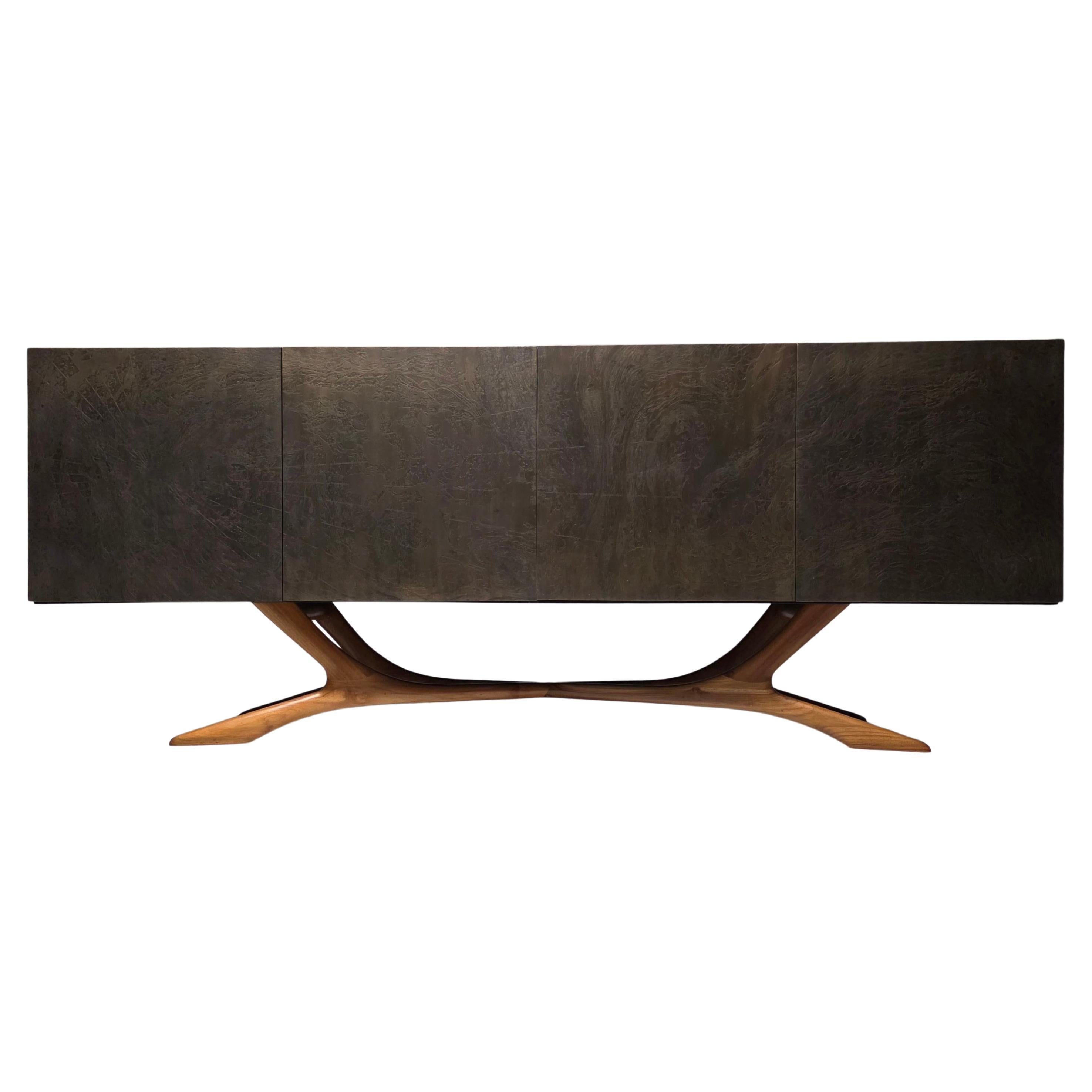 Felix De Boussy Sideboard with Etched Brass Doors on Sculptural Wood Base, 2000s