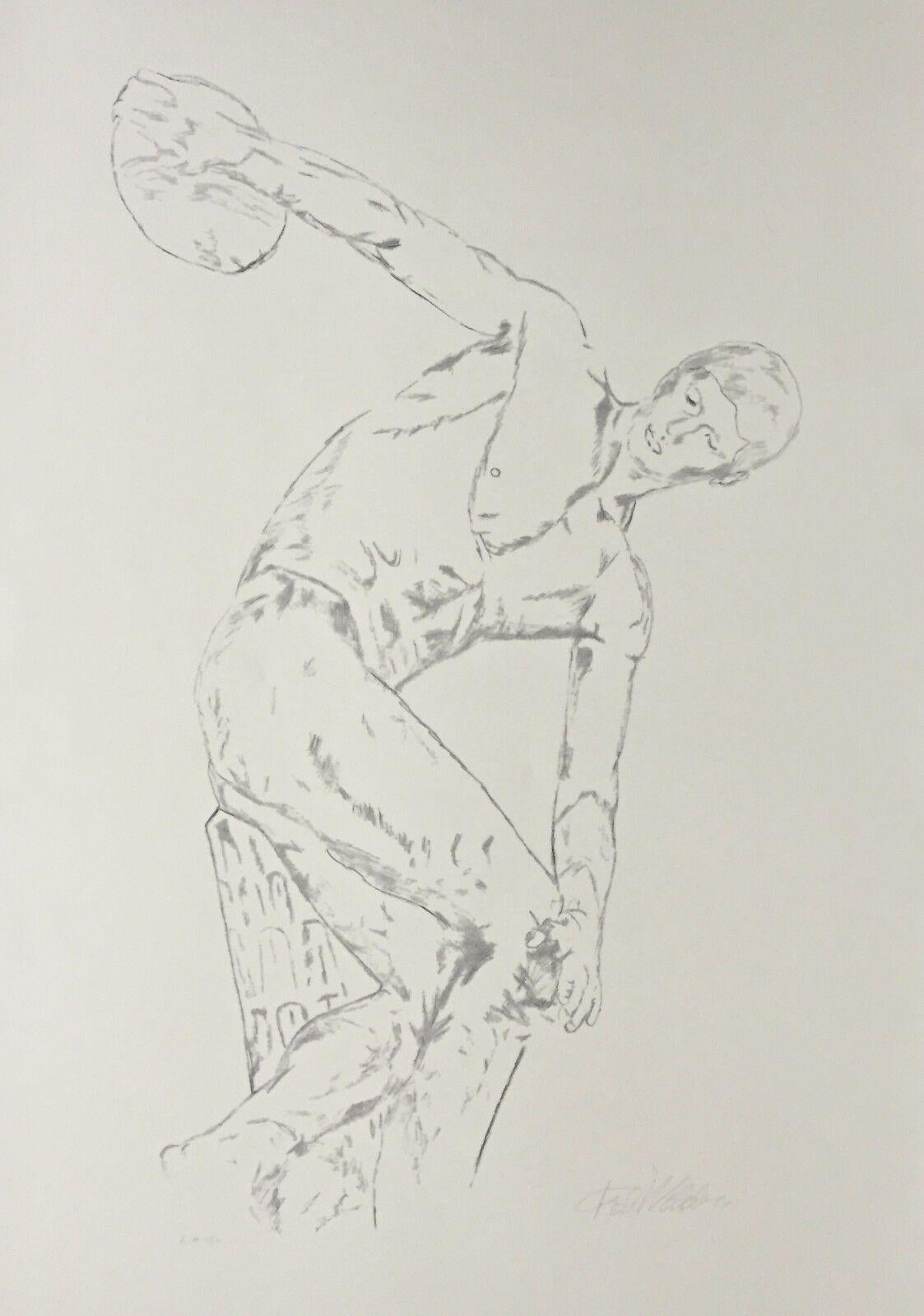 Artist: Felix de Weldon (1907-2003)
Title: Discus Thrower
Year: 2001
Edition: 150, plus proofs
Medium: Lithograph with graphite ink on BFK Rives cream color paper
Inscription: Signed & numbered in pencil
Size: 30 x 44 inches
Condition: