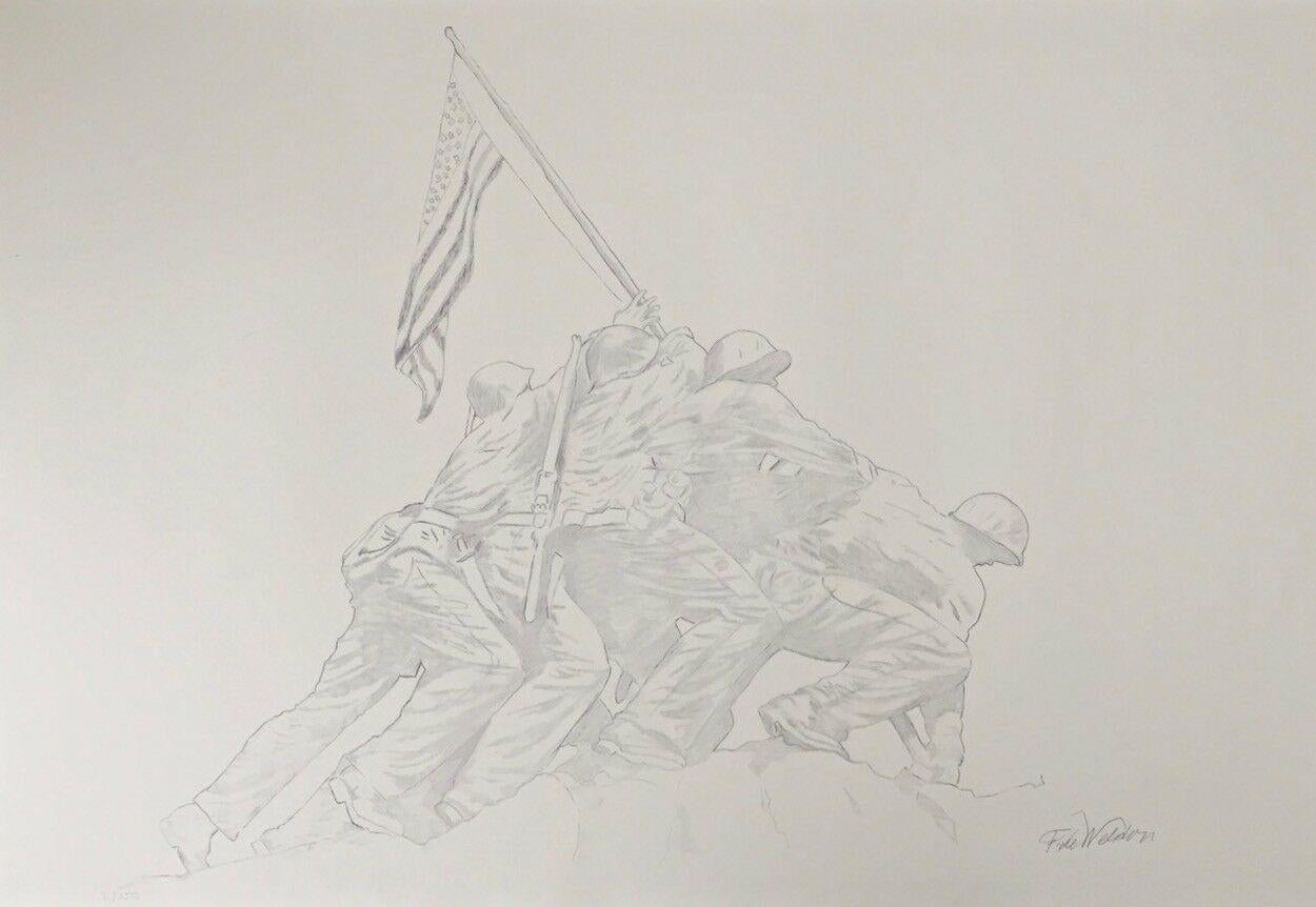 Künstler: Felix de Weldon (1907-2003)
Titel: Iwo Jima-Gedenkstätte
Jahr: 2001
Auflage: 2/150, plus Probedrucke
Medium: Lithographie mit Graphit-Tinte auf BFK Rives cremefarbenem Papier
Beschriftung: Signiert & nummeriert mit Bleistift
Größe: 30 x 44