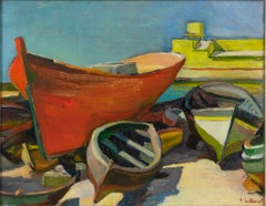 Alte Boote in der Provence, Öl auf Leinwand, Gemälde von Felix Eugene Bellenot