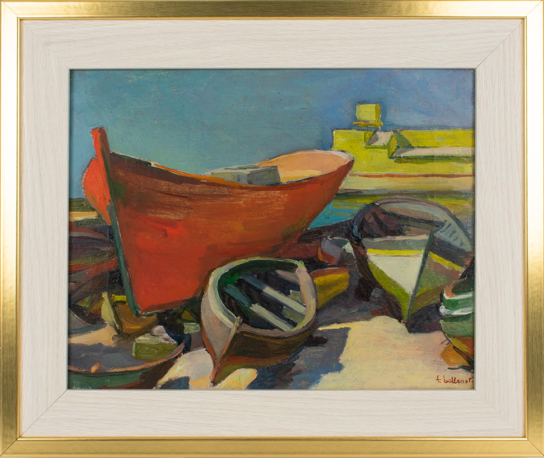 This superb oil on canvas painting was created by Felix Eugene Bellenot (1892 - 1963). This vibrant and passionate composition represents the port of Sainte Maxime in France within the foreground of the famous fishing boats typical of the French