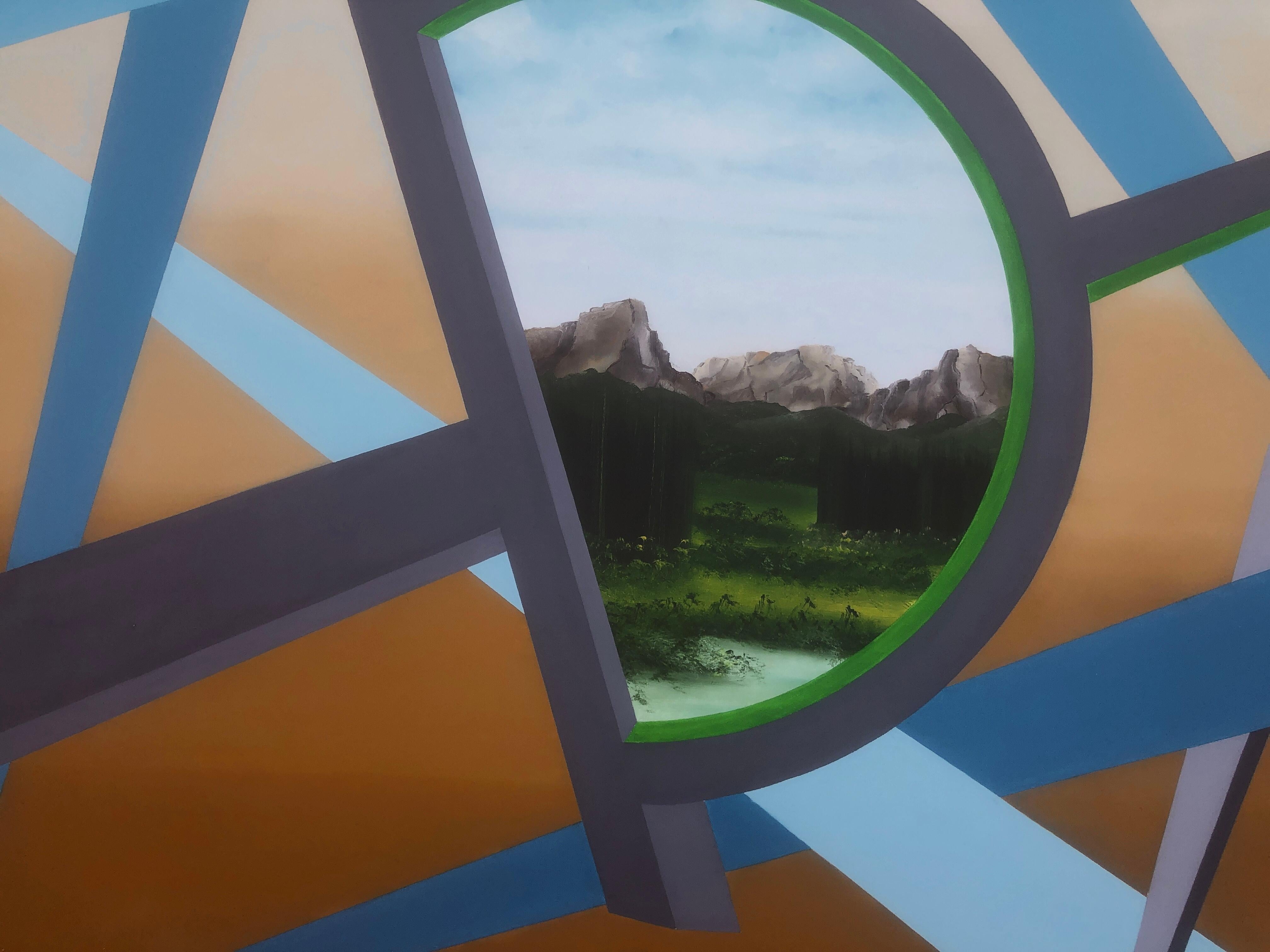 Paesaggio con finestra in D olio su tela pittura surrealista in vendita 1