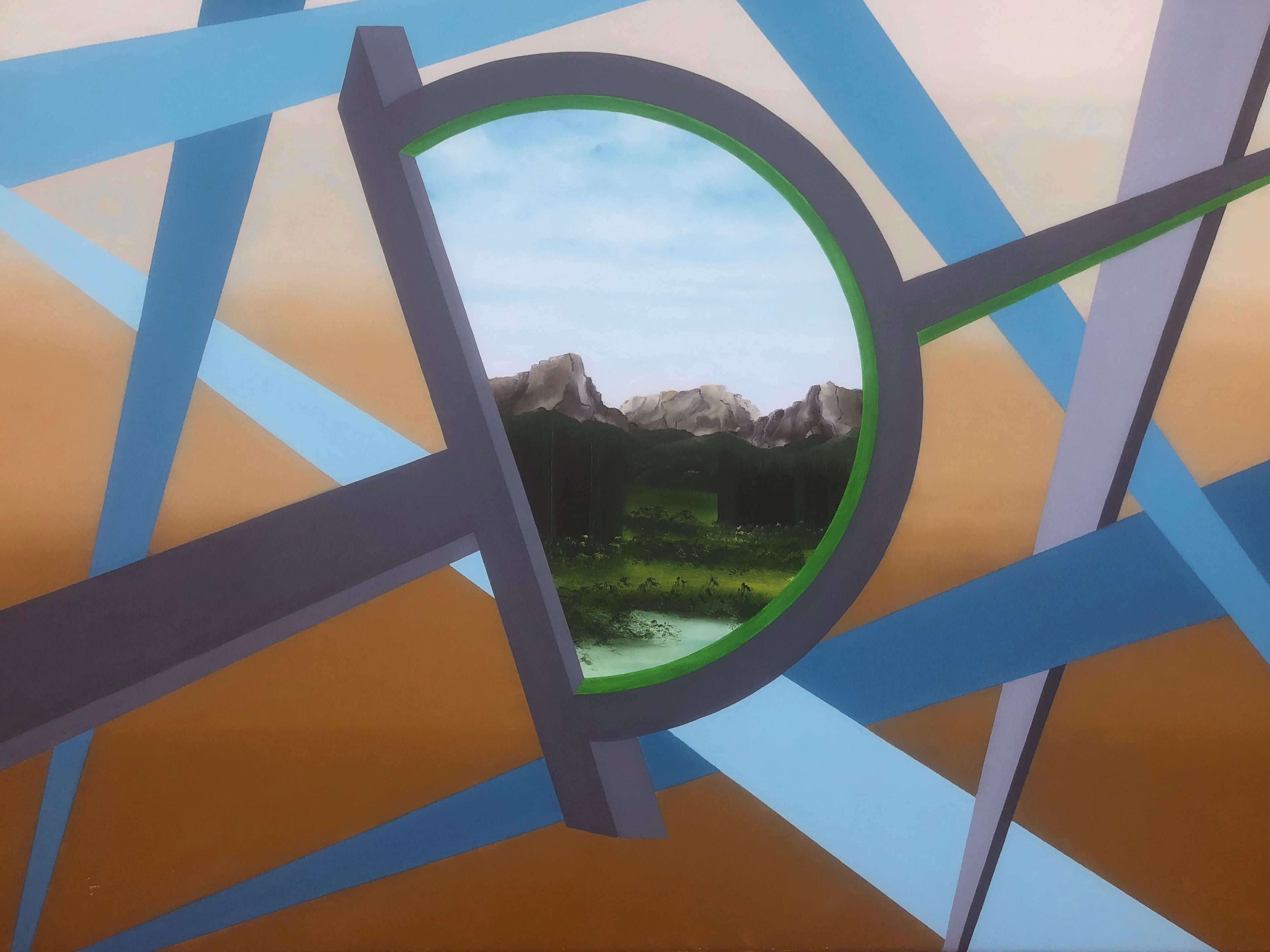Paesaggio con finestra in D olio su tela pittura surrealista in vendita 2