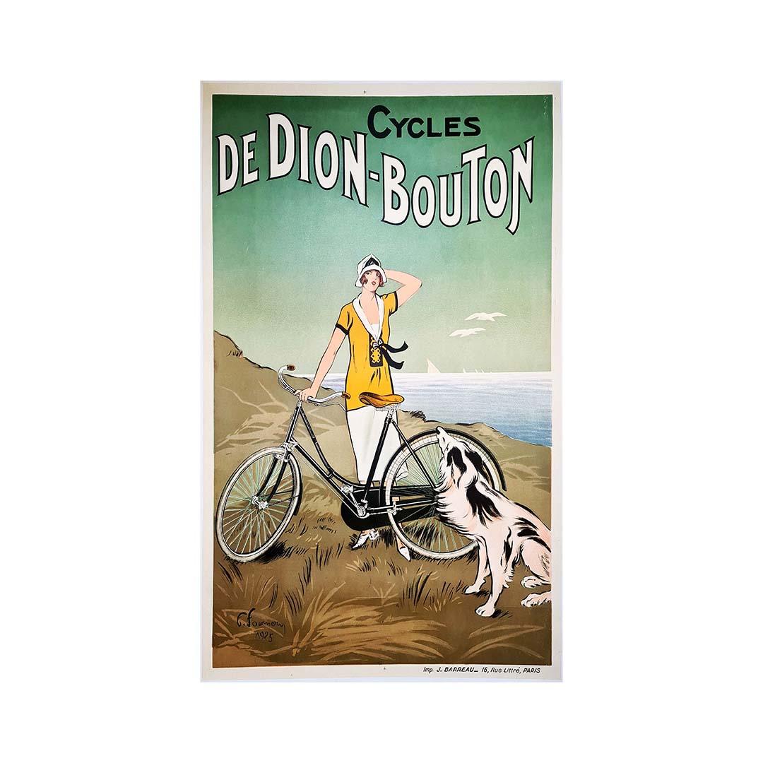 Schönes Art-Deco-Plakat von Felix Fournery ( 1865 - 1938 ), das eine elegante Frau mit ihrem De Dion-Bouton-Fahrrad zeigt.
Felix Fournery, Modeillustrator, Maler und Plakatkünstler, erlebte das goldene Zeitalter der Modemagazine der Belle Époque.