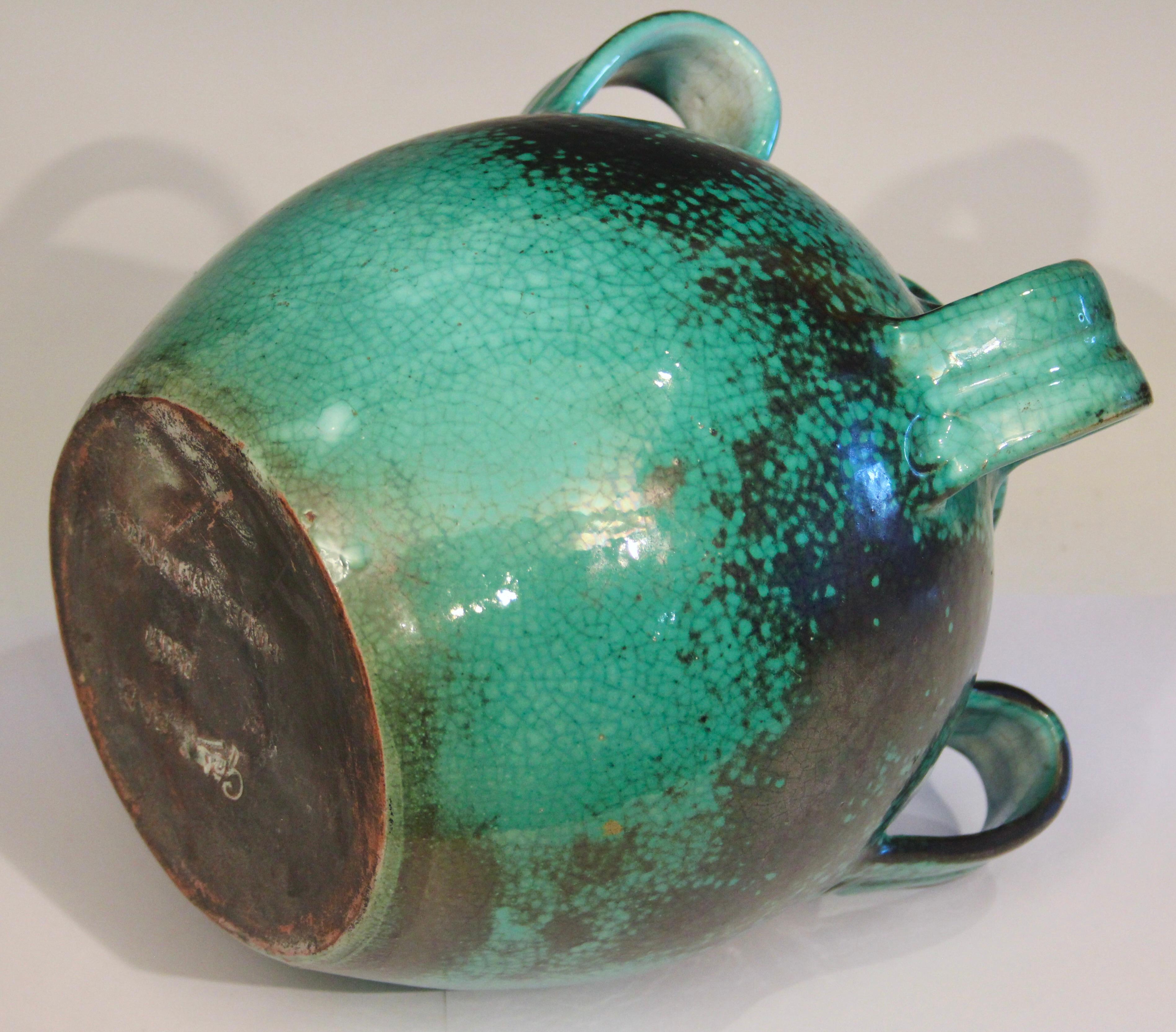 Mid-20th Century Felix Gete CAB French Pottery Art Deco Vase Jug Primavera Green Crackle Cruche For Sale