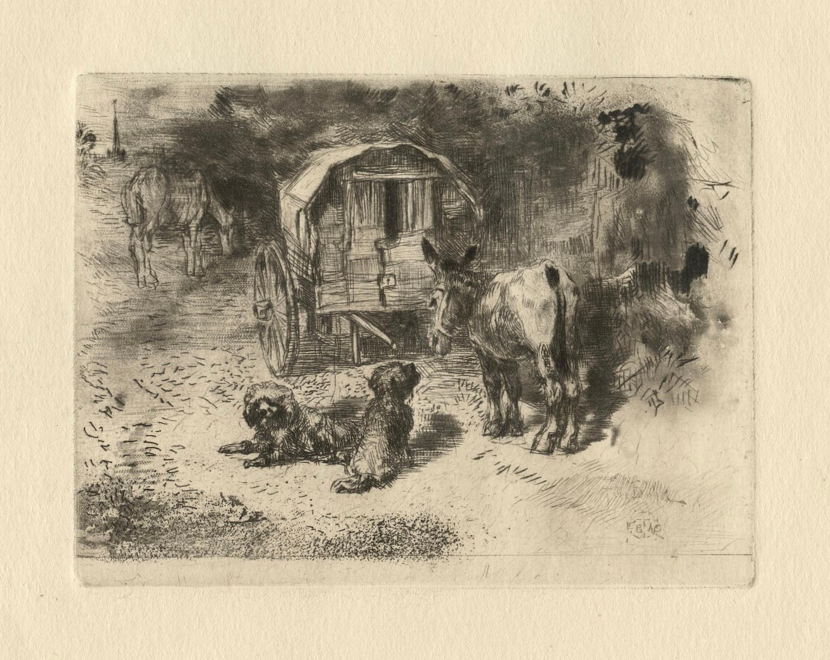 "Gardiens du Logis" aguafuerte y aguatinta originales - Print de Félix Hilaire Buhot