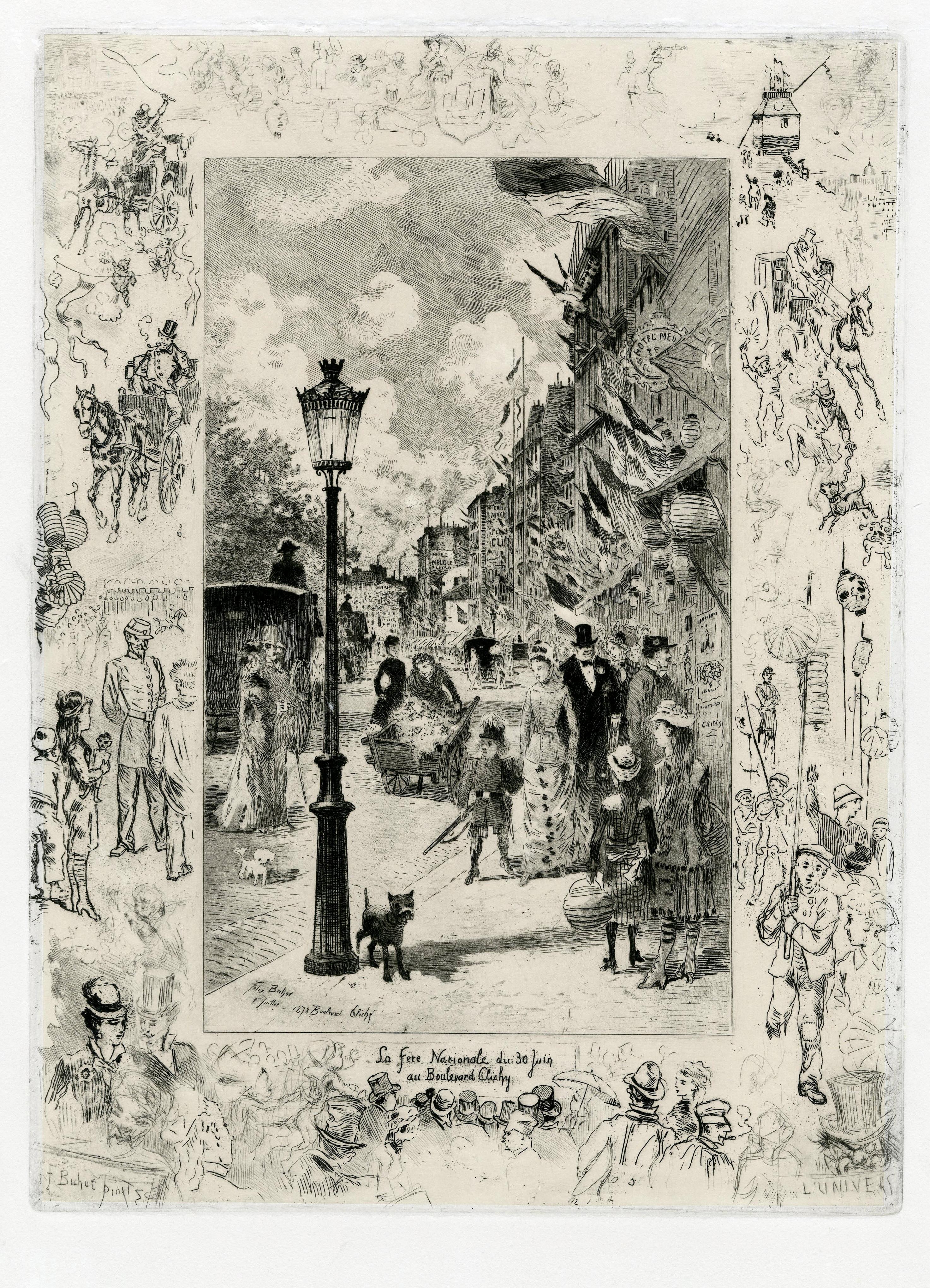Félix Hilaire Buhot Figurative Print - La Fête Nationale du Boulevard Clichy