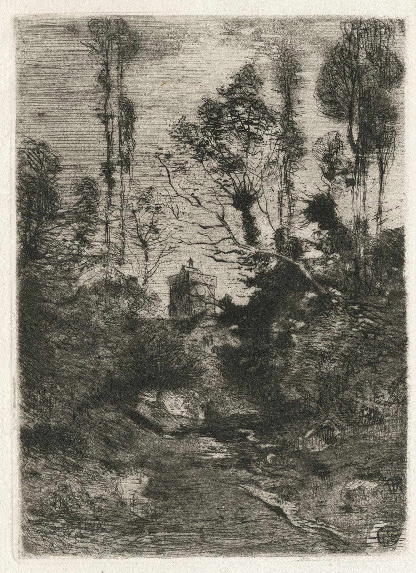 Félix Hilaire Buhot Landscape Print – L'Angelus (Der Glockenturm)
