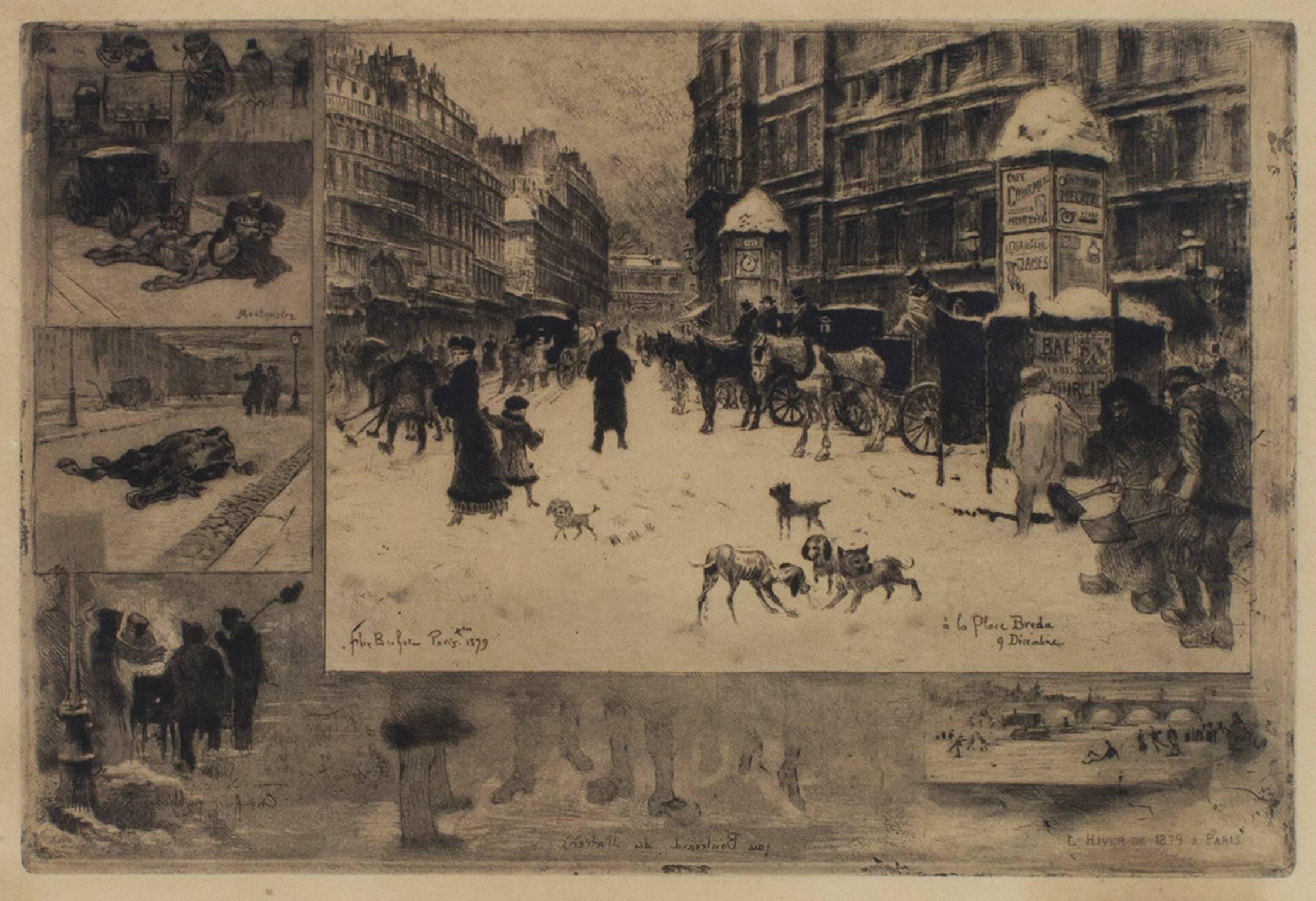 "L'Hiver a Paris, " Original Etching & Aquatint Cityscape by Felix Hilaire Buhot - Print by Félix Hilaire Buhot