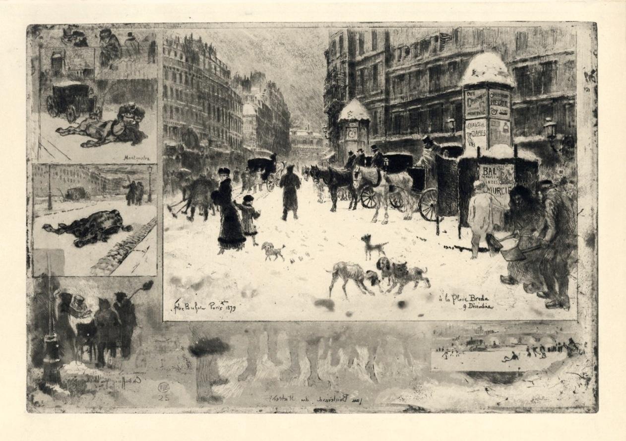 "L'Hiver a Paris" acquaforte originale su carta japon - Print di Félix Hilaire Buhot