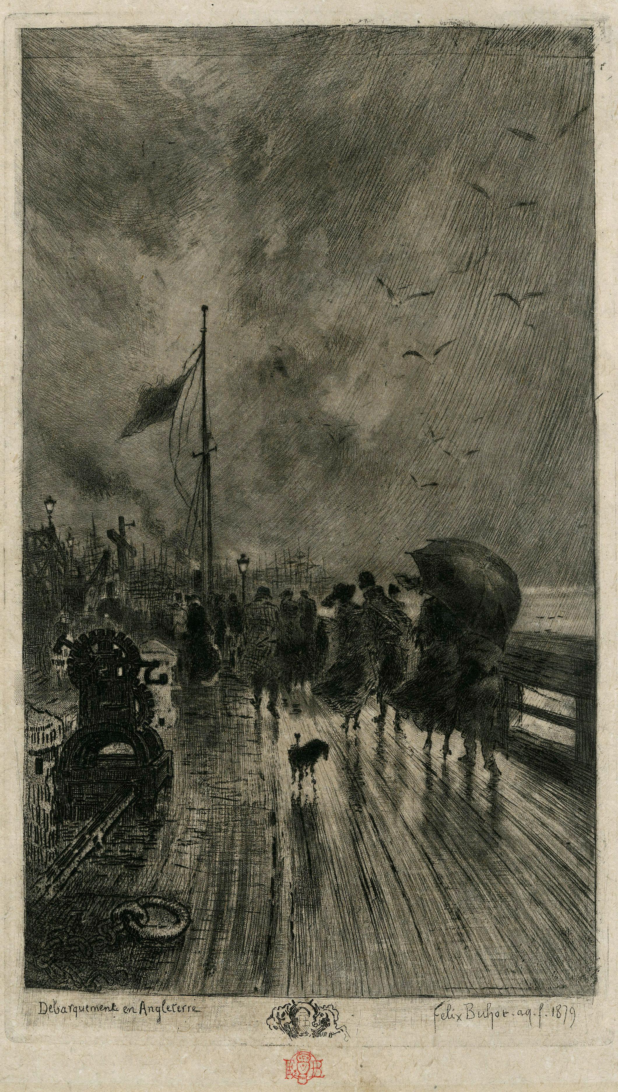 Félix Hilaire Buhot Landscape Print - Un Debarquement en Angleterre (A Disembarking in England)