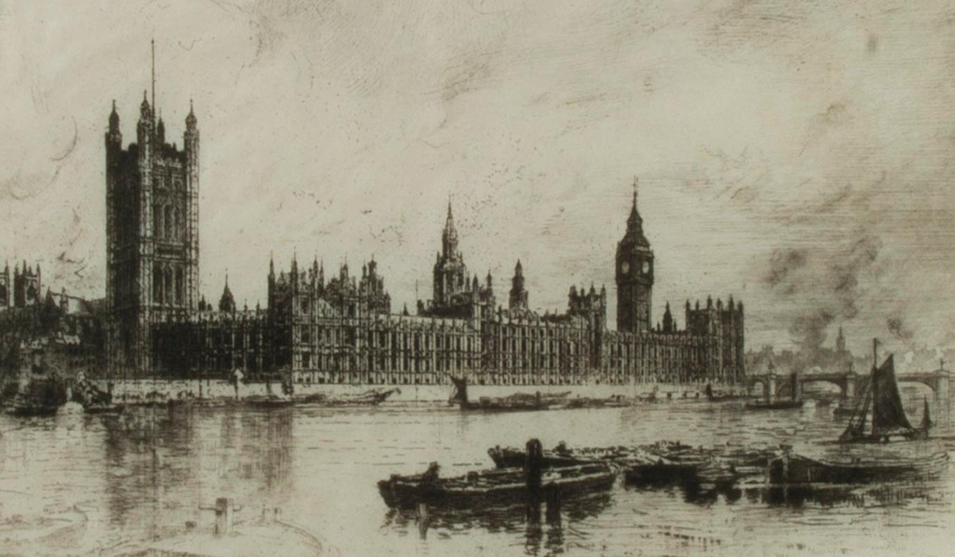 Westminster Palace
Etching, Drypoint, Aquatint, roulette and salt ground lift
1884
Depicts the Houses of Parliament, Big Ben Clock and Tower and the River Thames in the foreground.
Signed with the artist’s large Red Owl stamp, Lugt 977
Printed on