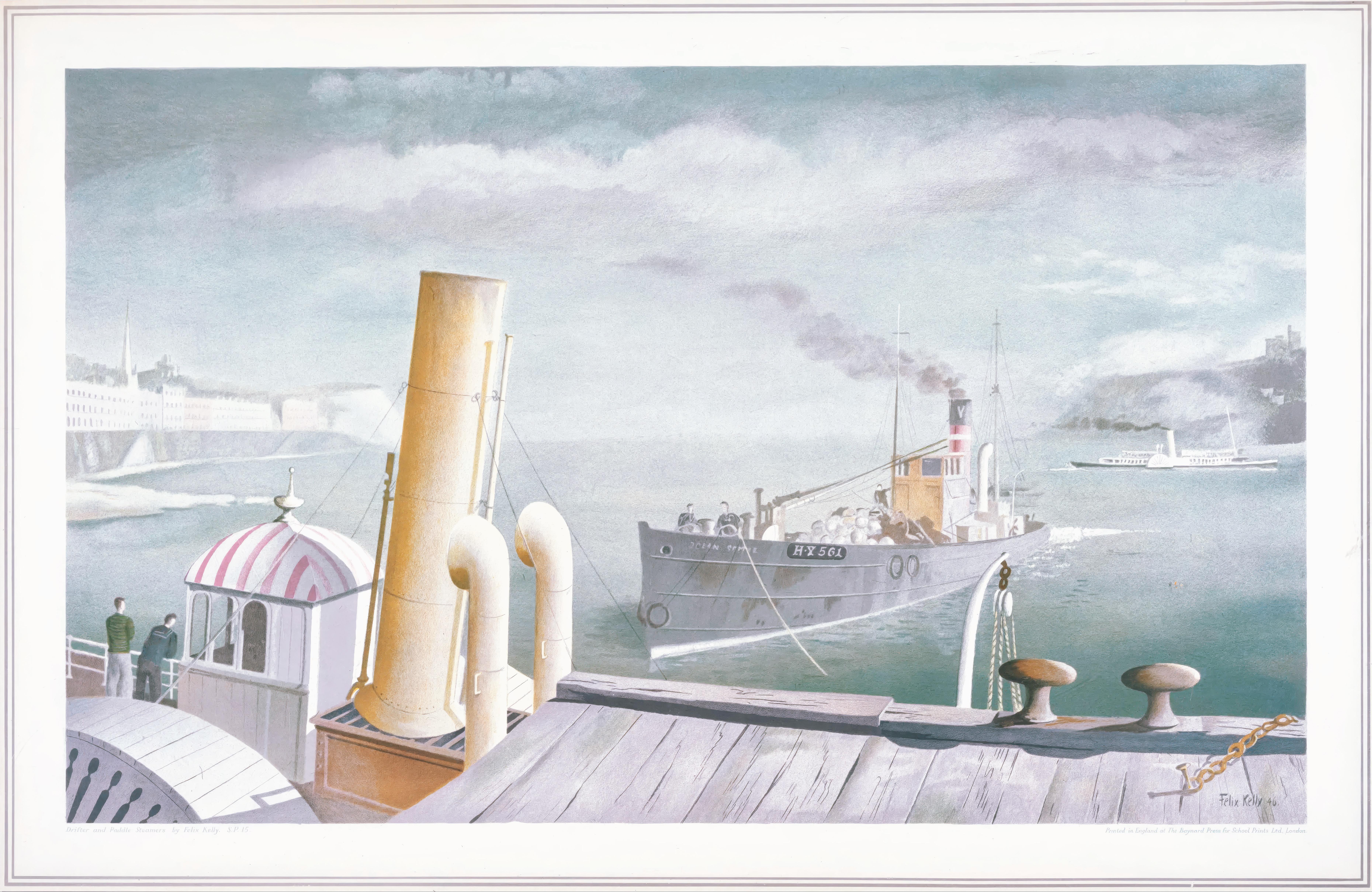 This exquisite lithograph after Felix Kelly (1914–1994), titled Drifter and Steamers, S.P.15., originates from the School Prints Ltd. series, published by School Prints Ltd., London, under the direction of Brenda Rawnsley, London; printed by Baynard