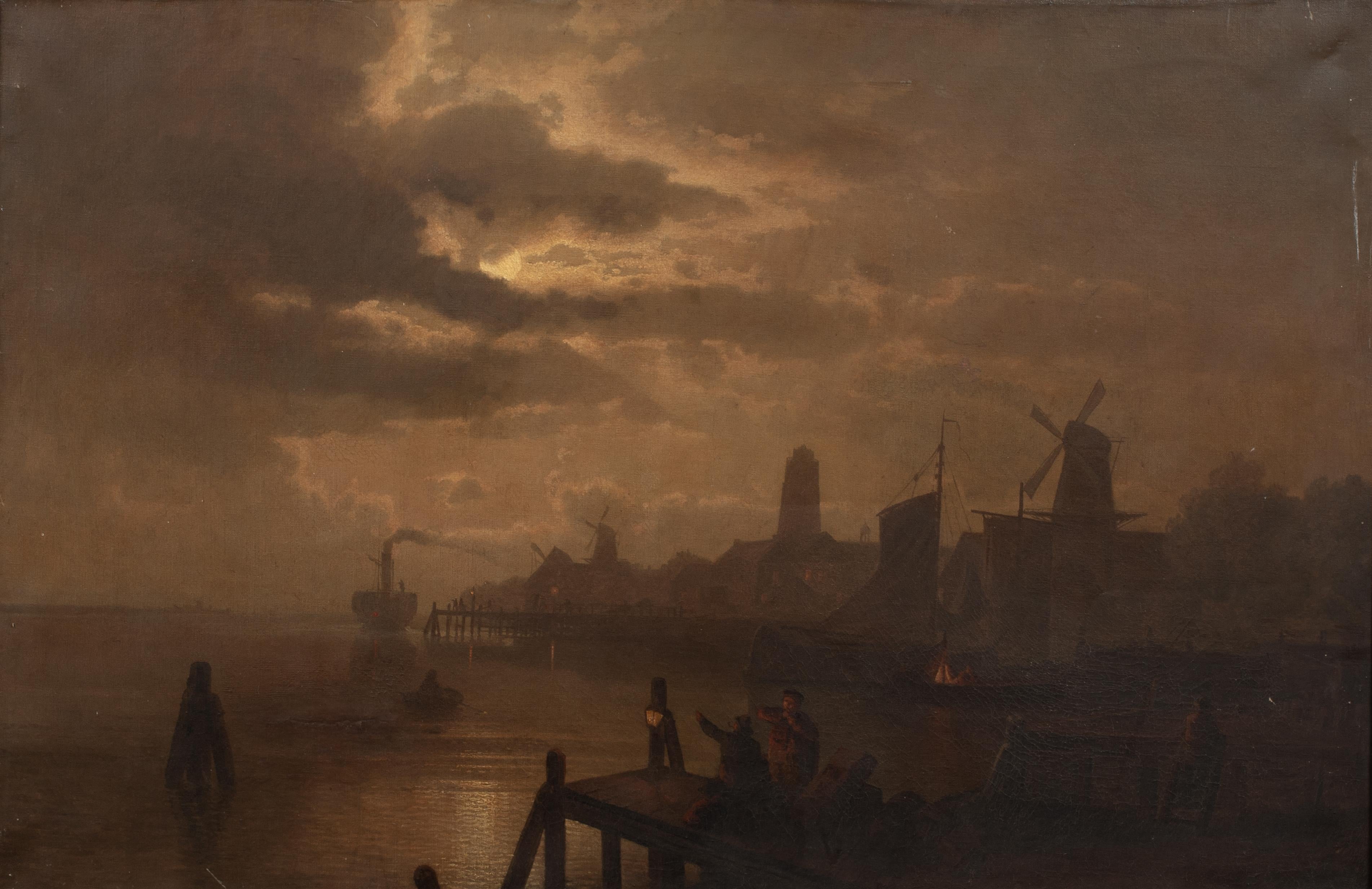 Dordrecht Moonlit Landscape, 19th Century  - Painting by Kreutzer, Felix