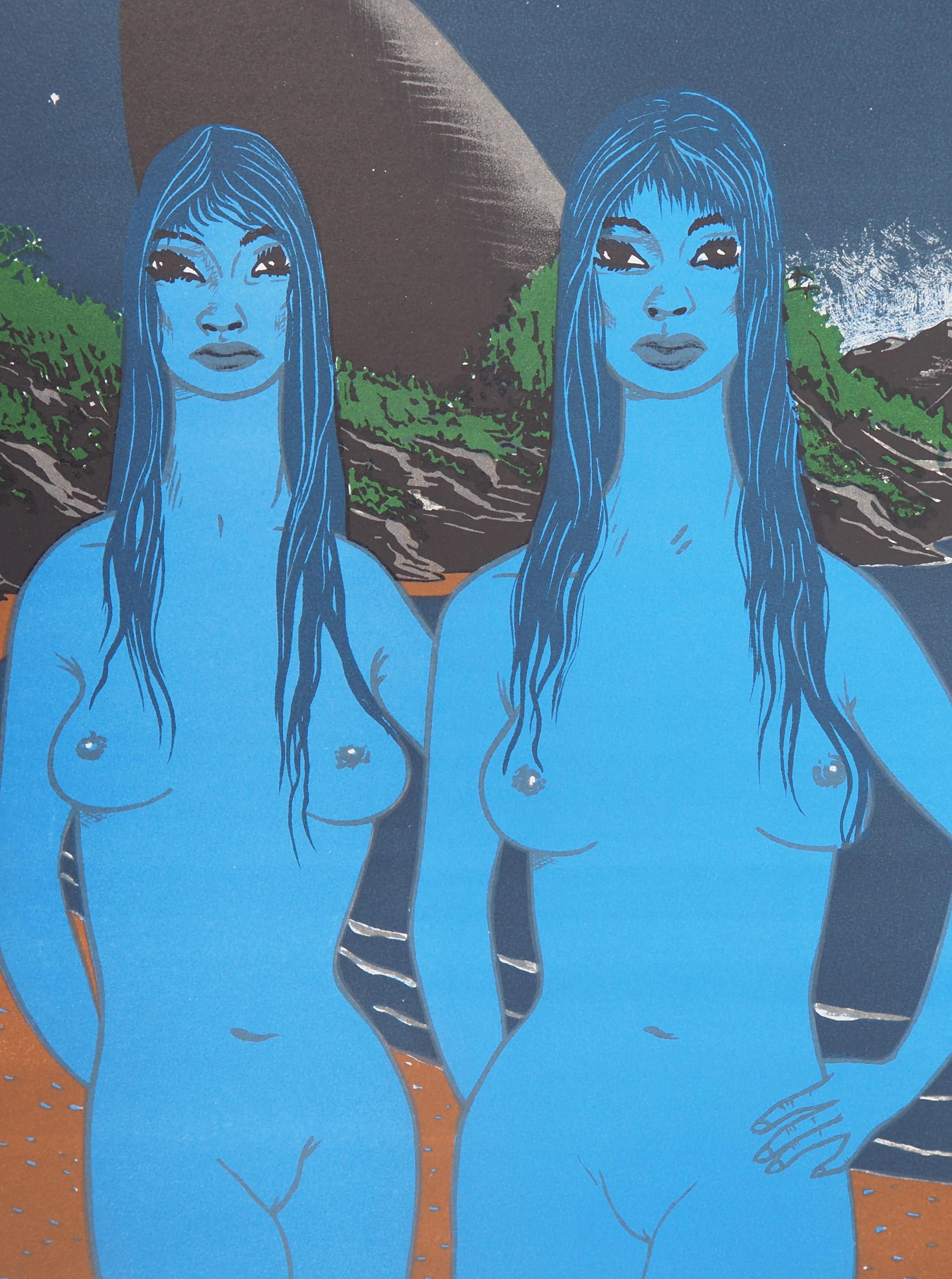 The Blue Twins - Original handsigned lithograph - Surrealist Print by Felix Labisse