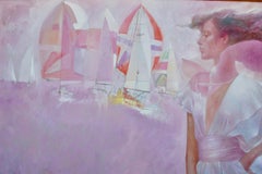 Marina Cuadro al óleo rosa grande con mujer y veleros